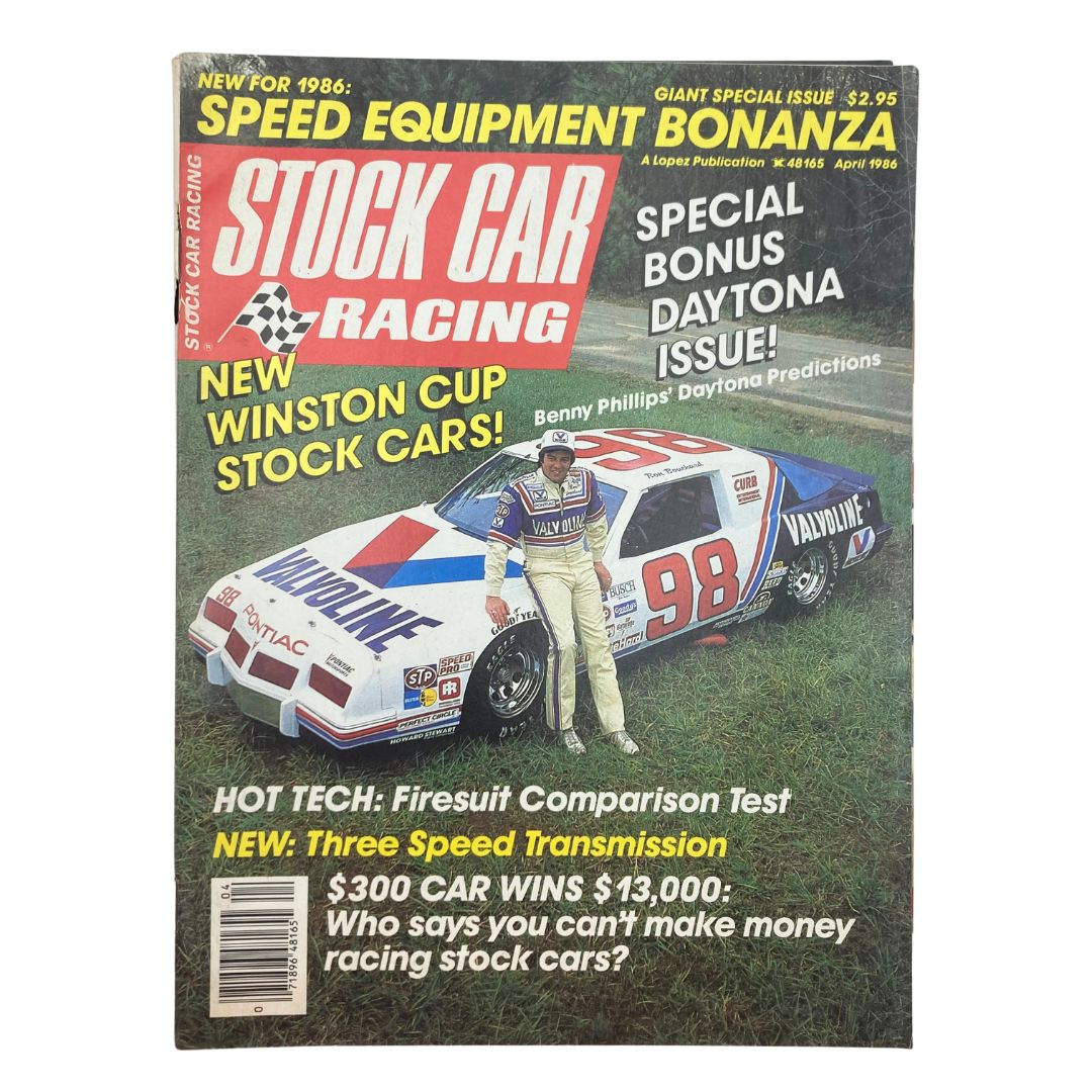Cover of the Vintage Stock Car Racing Magazine April 1986 featuring Ron Bouchard with Valvoline Pontiac, highlighting stock car racing themes and special Daytona issue.