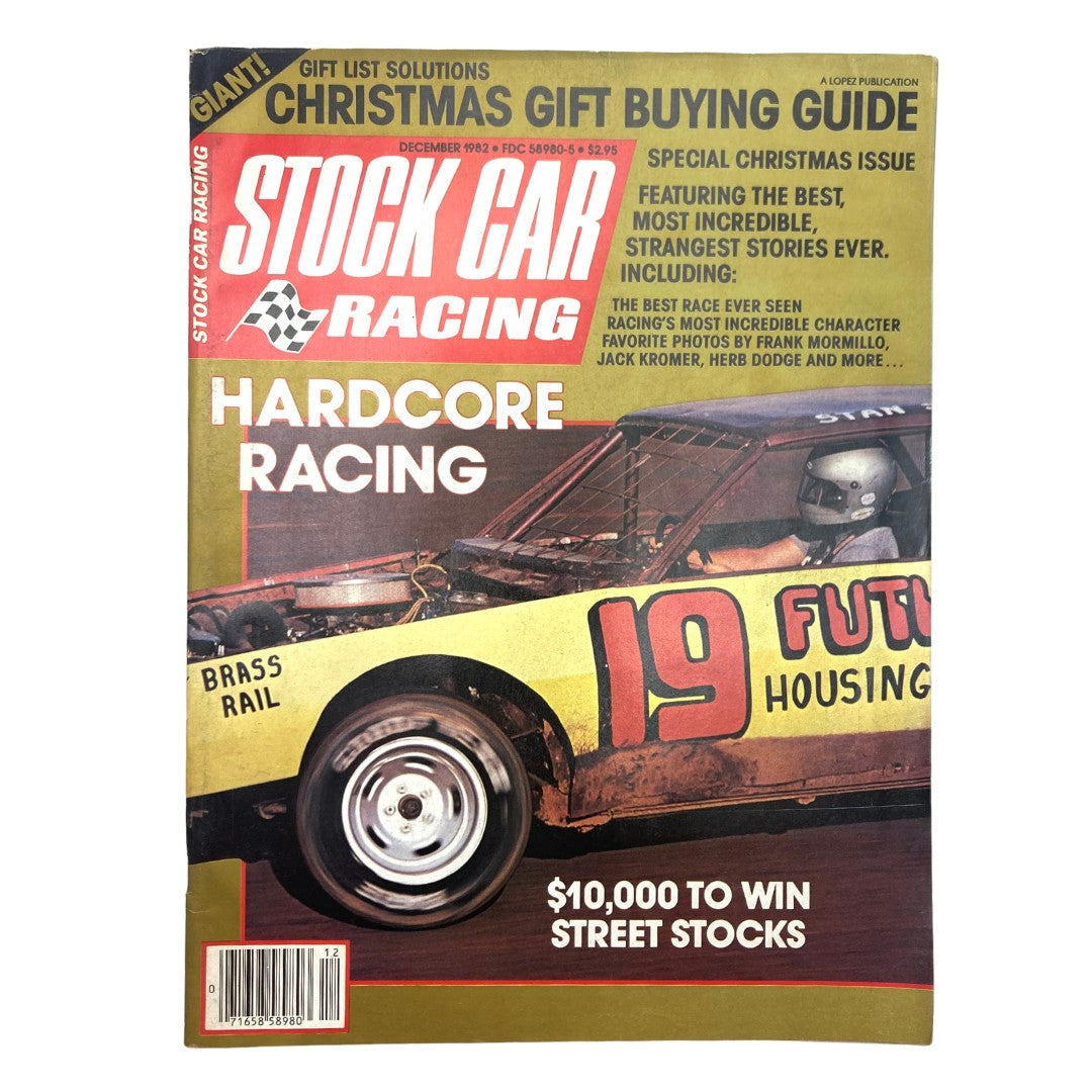 Cover of VTG Stock Car Racing Magazine December 1982 featuring 'Hardcore Racing' with a colorful design, showcasing a stock car and highlights like '$10,000 to Win Street Stocks' and contributions from Jack Kromer and Herb Dodge.
