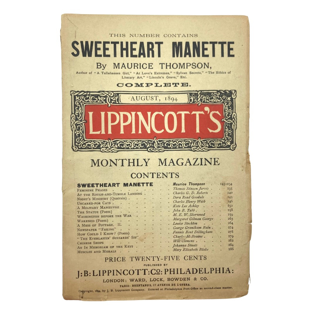 VTG Lipincott's Magazine August 1894 Sweetheart Manette No Label