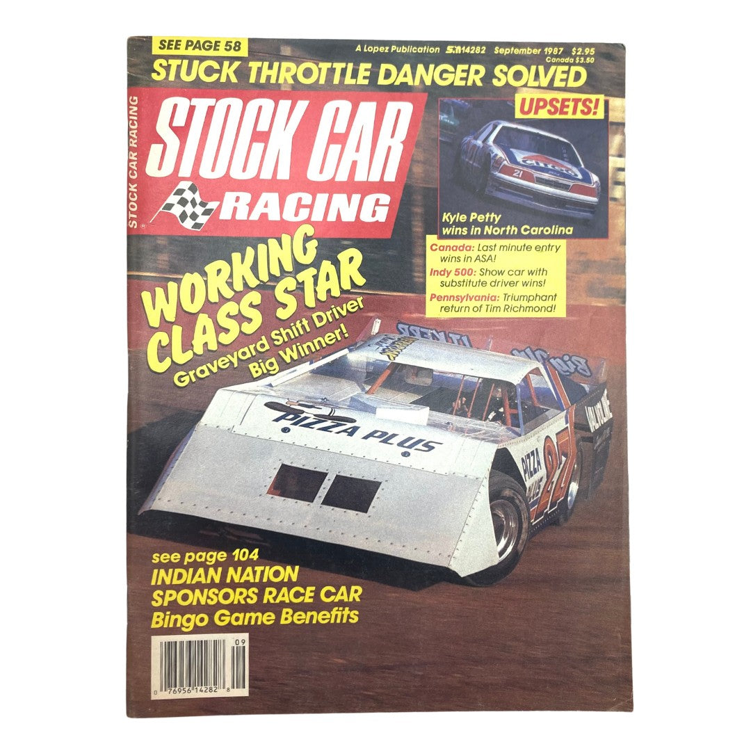 Vintage Stock Car Racing Magazine cover from September 1987 featuring Roger Clendenin, showcasing stock car racing highlights and articles including Kyle Petty's victory in North Carolina.
