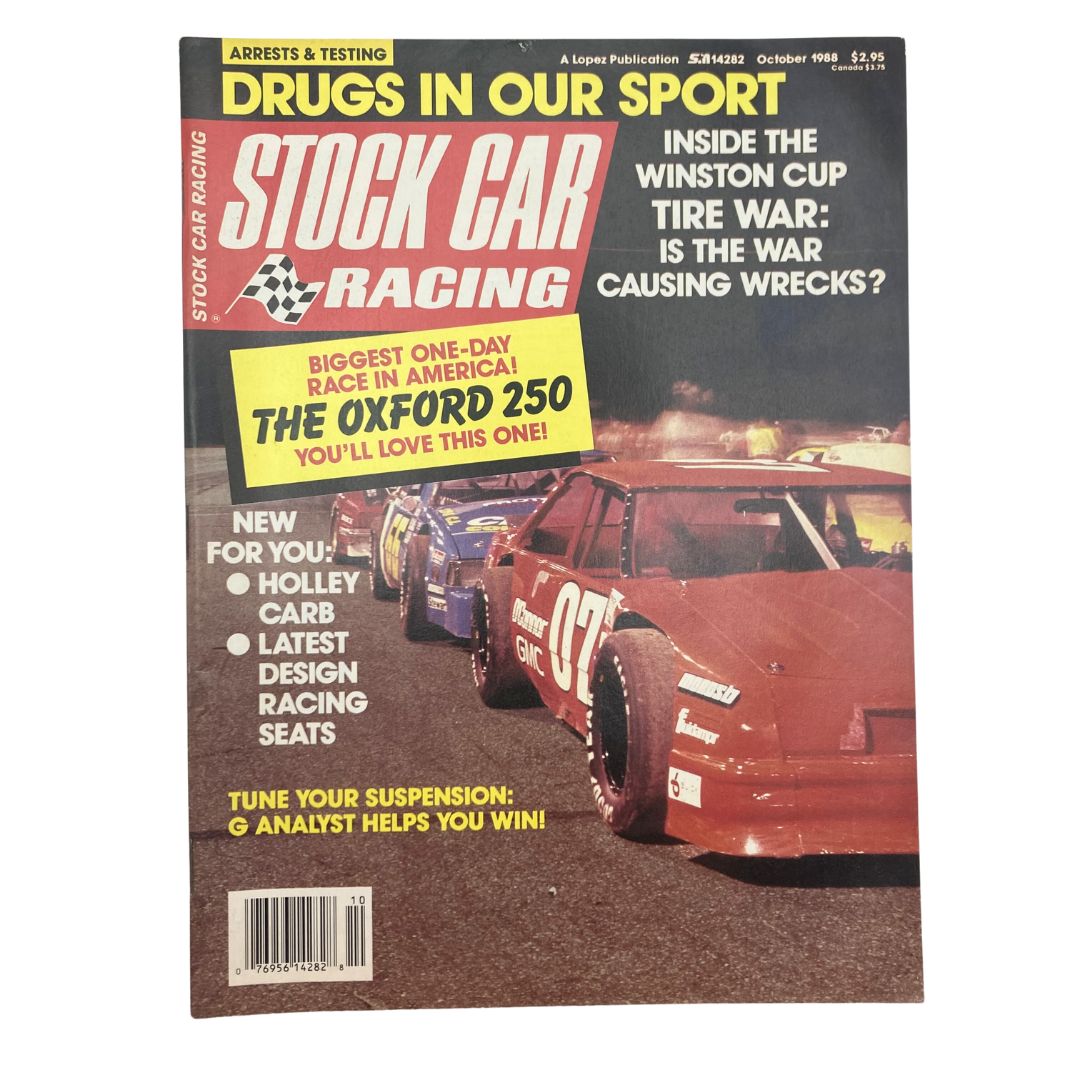 Cover of the VTG Stock Car Racing Magazine October 1988 featuring a red racing car with the number 07 and text highlighting the Oxford 250 race, with additional headlines about tire wars and sports drugs.