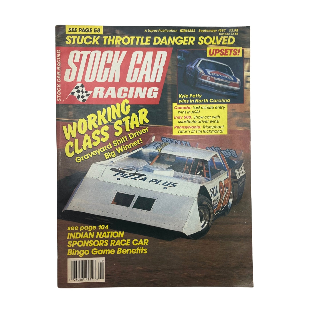 Cover of the VTG Stock Car Racing Magazine from September 1987 featuring Roger Clendenin. The cover showcases vibrant graphics with headlines about racing, including 'Working Class Star' and 'Stuck Throttle Danger Solved', accompanied by an image of a stock car. This collectible magazine is ideal for motorsports enthusiasts and showcases the culture of stock car racing during the 1980s.