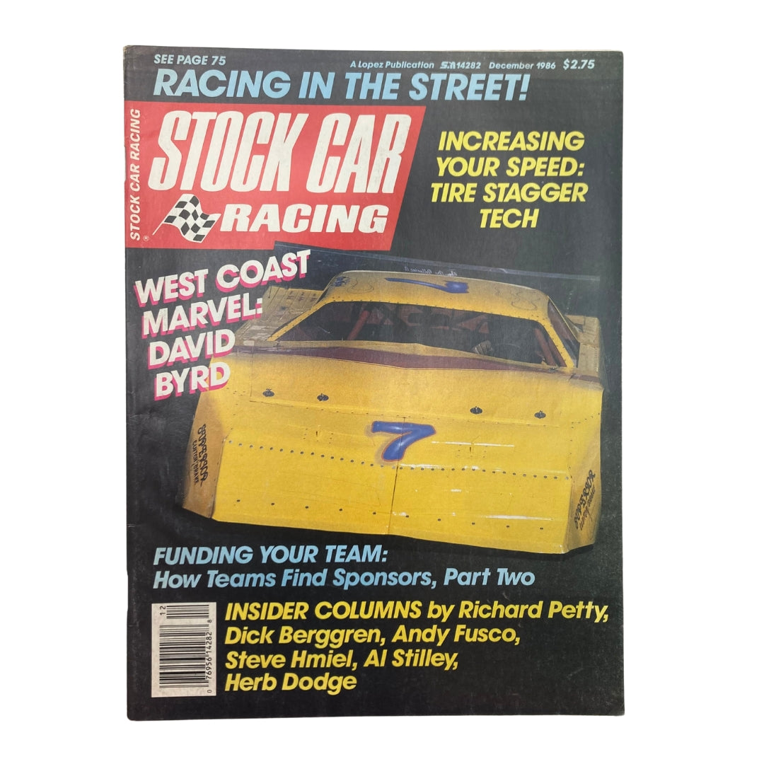 Front cover of the VTG Stock Car Racing Magazine December 1986 featuring a yellow race car and the West Coast Marvel David Byrd. Highlights include articles on racing teams, funding, and tire stagger technology.