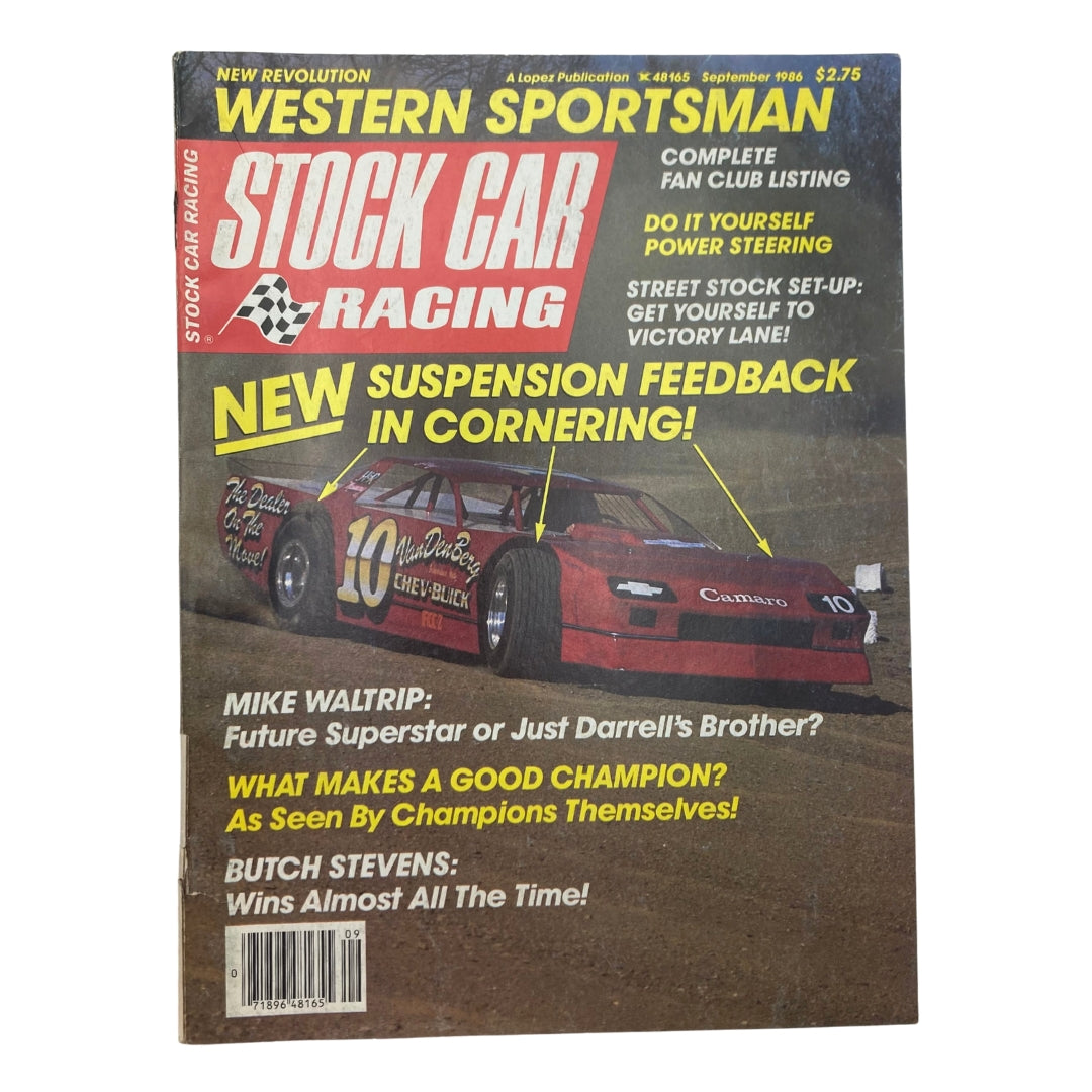 VTG Stock Car Racing Magazine September 1986 featuring Mike Waltrip on the cover, showcasing stock car racing culture, vintage racing articles, and tips for racing enthusiasts.