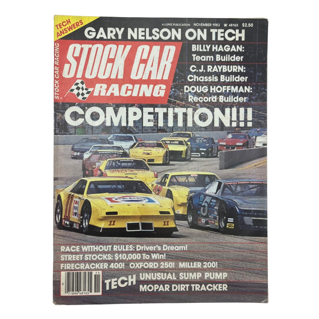 Cover of VTG Stock Car Racing Magazine November 1983 featuring the Miller 200 in Milwaukee, showcasing multiple race cars competing, with bold titles and racing graphics.