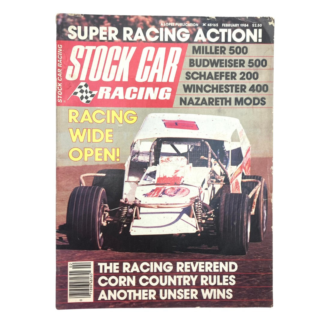 Vintage Stock Car Racing Magazine from February 1984 featuring Kenny Brightbill on the cover. The magazine showcases themes of stock car racing with bold headlines, racing events, and vibrant imagery associated with 1980s motorsport culture.