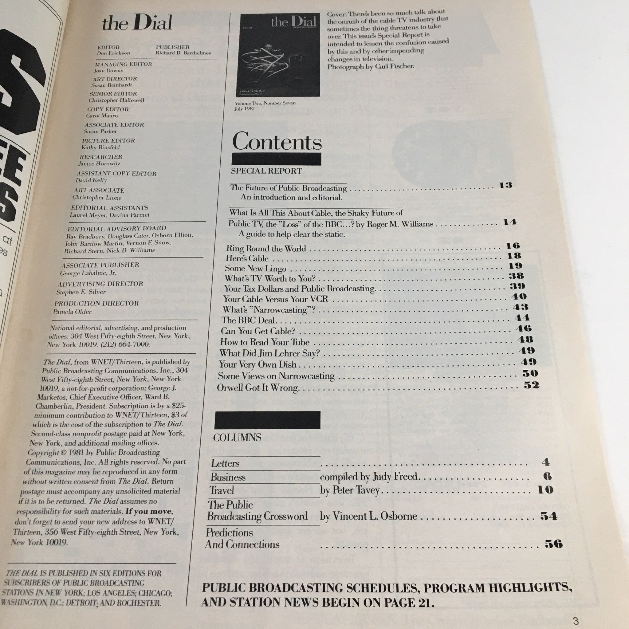Inside page of The Dial Magazine July 1981 displaying the contents section, featuring articles about public broadcasting and cable television.