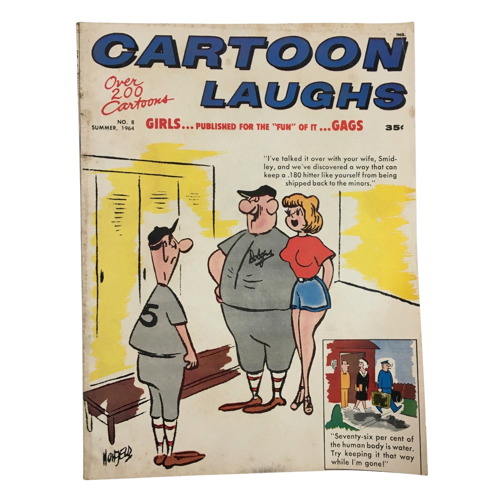 Cover of 'Cartoon Laughs' No. 8, Summer 1964. Features cartoon characters, a humorous dialogue, and emphasizes girls and gags, highlighting over 200 cartoons included in the comic.