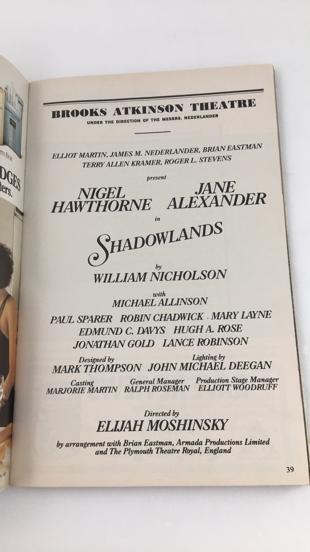 1990 Playbill Brooks Atkinson Theatre 'Shadowlands' Nigel Hawthorne