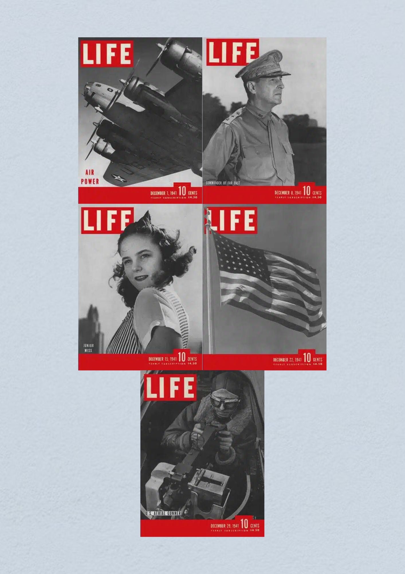 Life Magazine Lot of 5 Full Month of December 1941 featuring covers from December 1, 8, 15, 22, and 29, showcasing highlights from World War II, with images of air power, military leaders, and American culture.