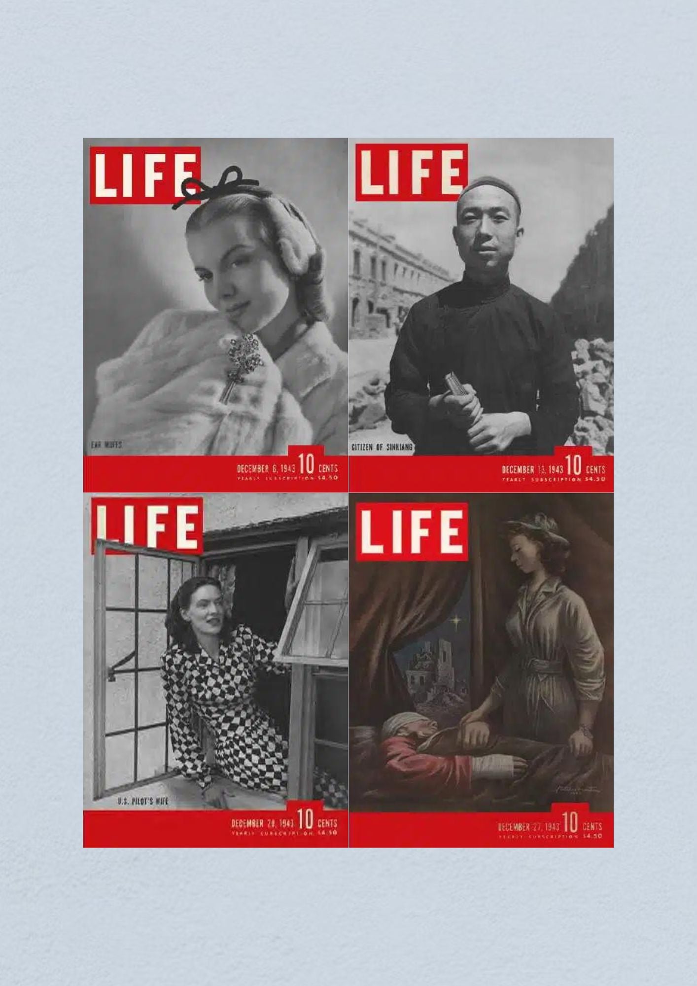 Cover of Life Magazine December 27, 1943 illustrating a touching scene, included in a lot of 4 full issues from December 1943, WWII era.