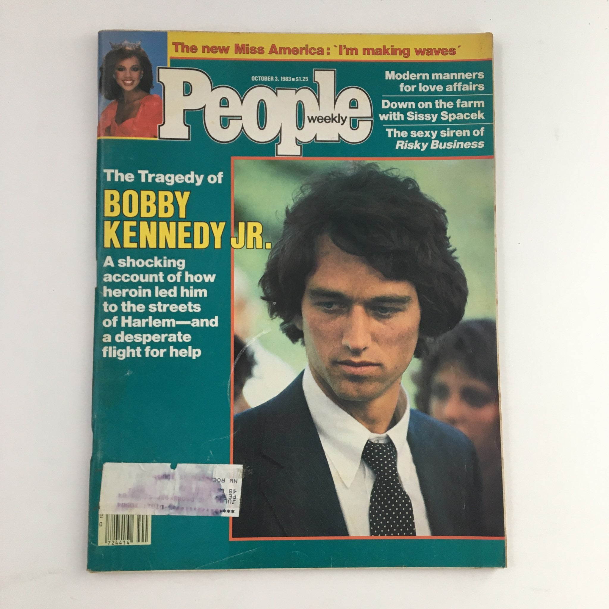 People Weekly Magazine cover from October 3, 1983, featuring the poignant story of Bobby Kennedy Jr. The magazine includes headlines addressing his struggles and a shocking account of his life challenges, making it a collectible vintage magazine focused on significant historical events.
