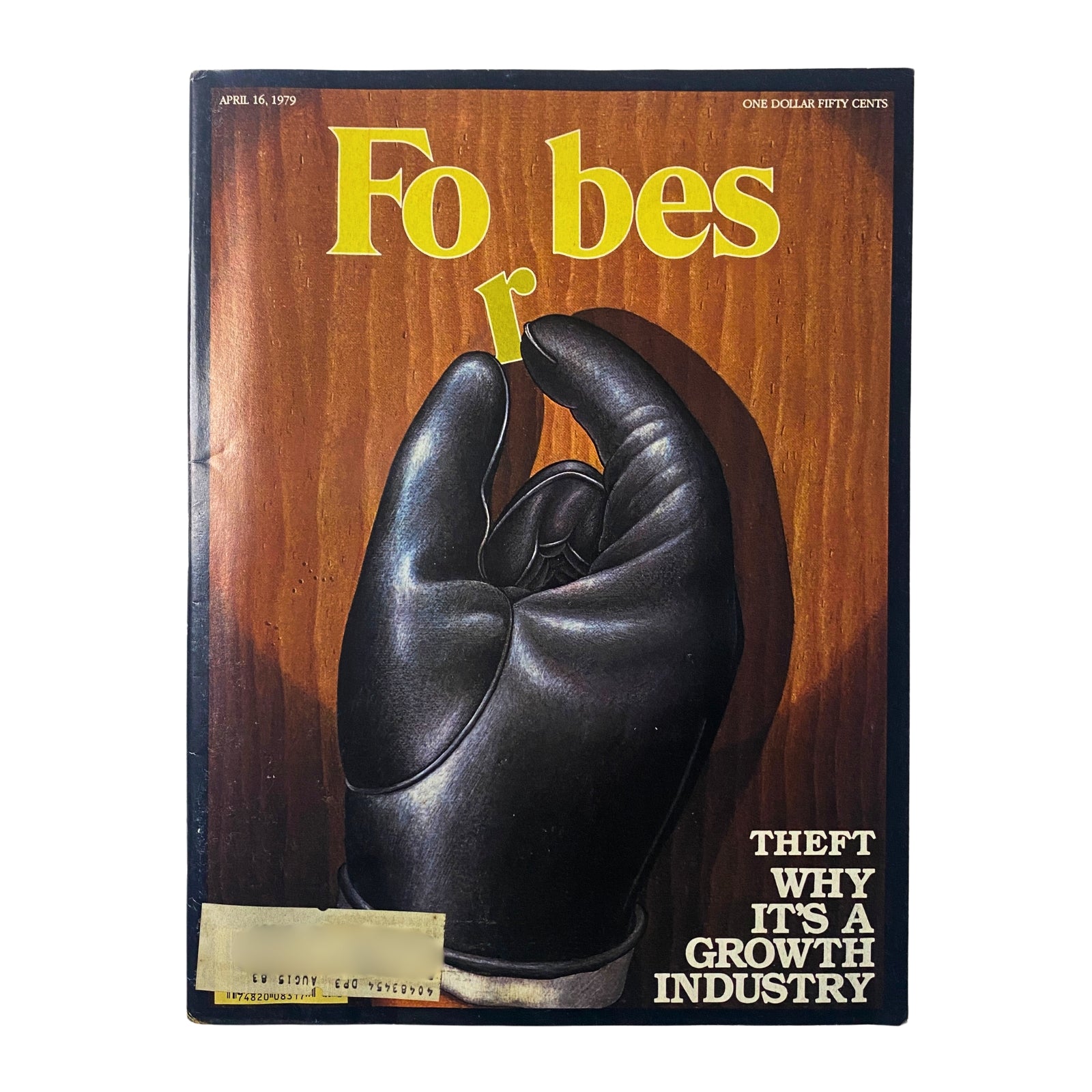 Forbes Magazine cover from April 16, 1979 featuring a black glove and a clenched fist, highlighting the cover story 'The Growing Business of Theft' and discussing theft's economic impact.
