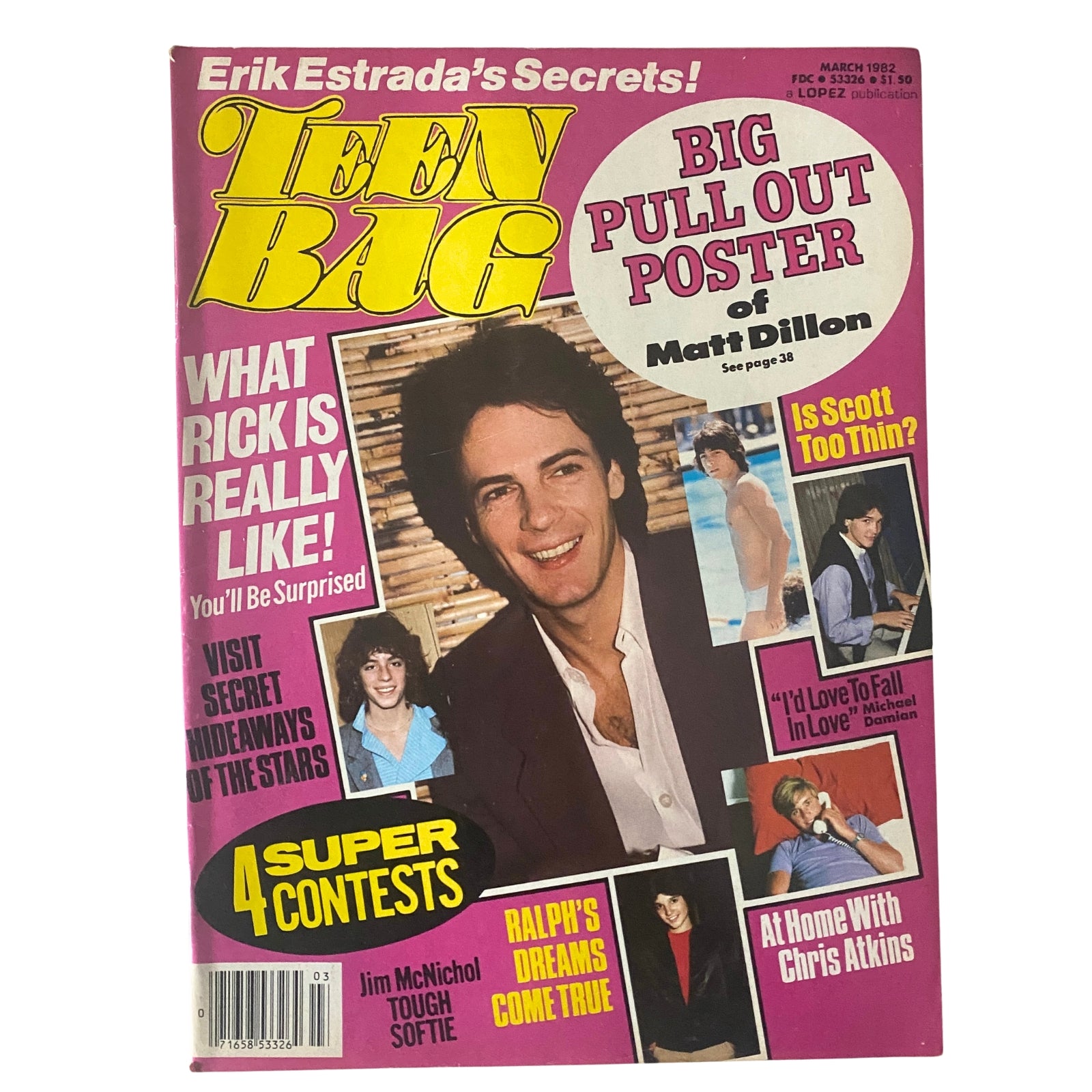Teen Bag Magazine March 1982 featuring Rick Springfield and Scott Baio, includes a big pull-out poster of Matt Dillon and vibrant cover graphics.