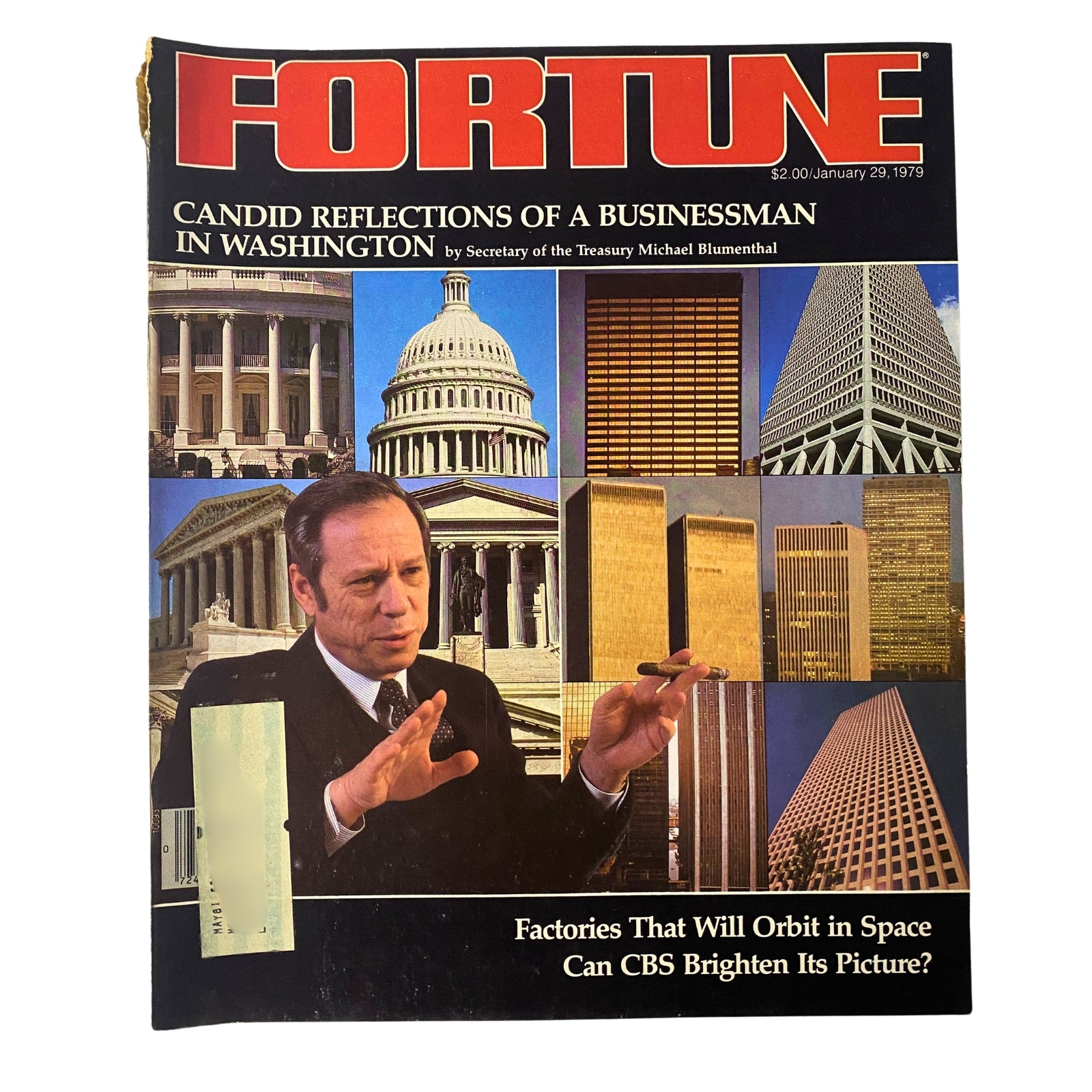 Fortune Magazine cover from January 29, 1979, featuring Treasury Secretary Michael Blumenthal. The cover includes images of significant Washington landmarks and skyscrapers, highlighting themes of business and economic analysis.