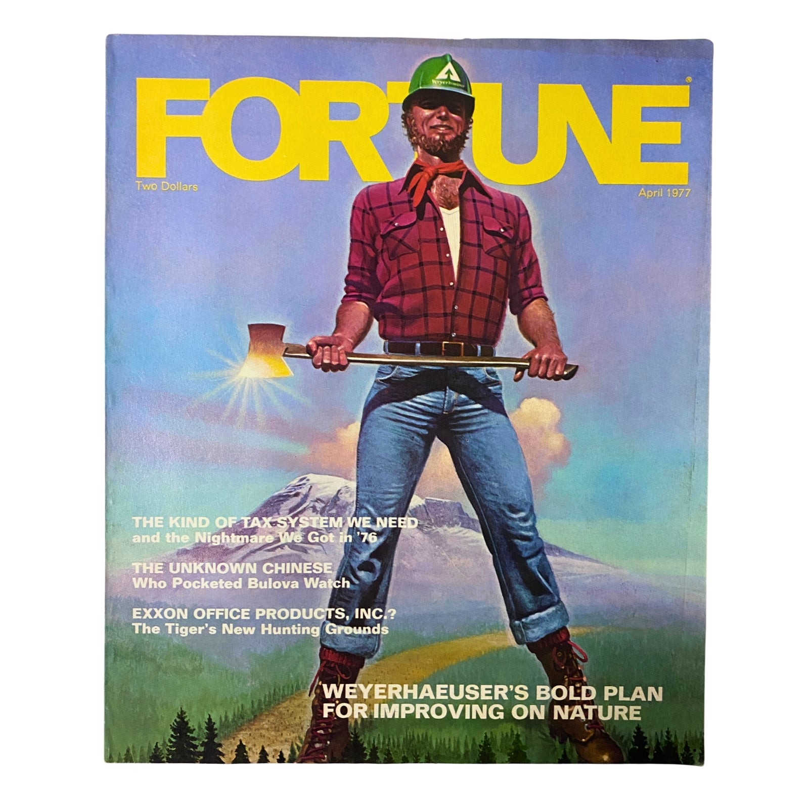 Fortune Magazine April 1977 cover featuring Weyerhaeuser’s Vision for the Future with a vibrant illustration of a lumberjack holding an axe.