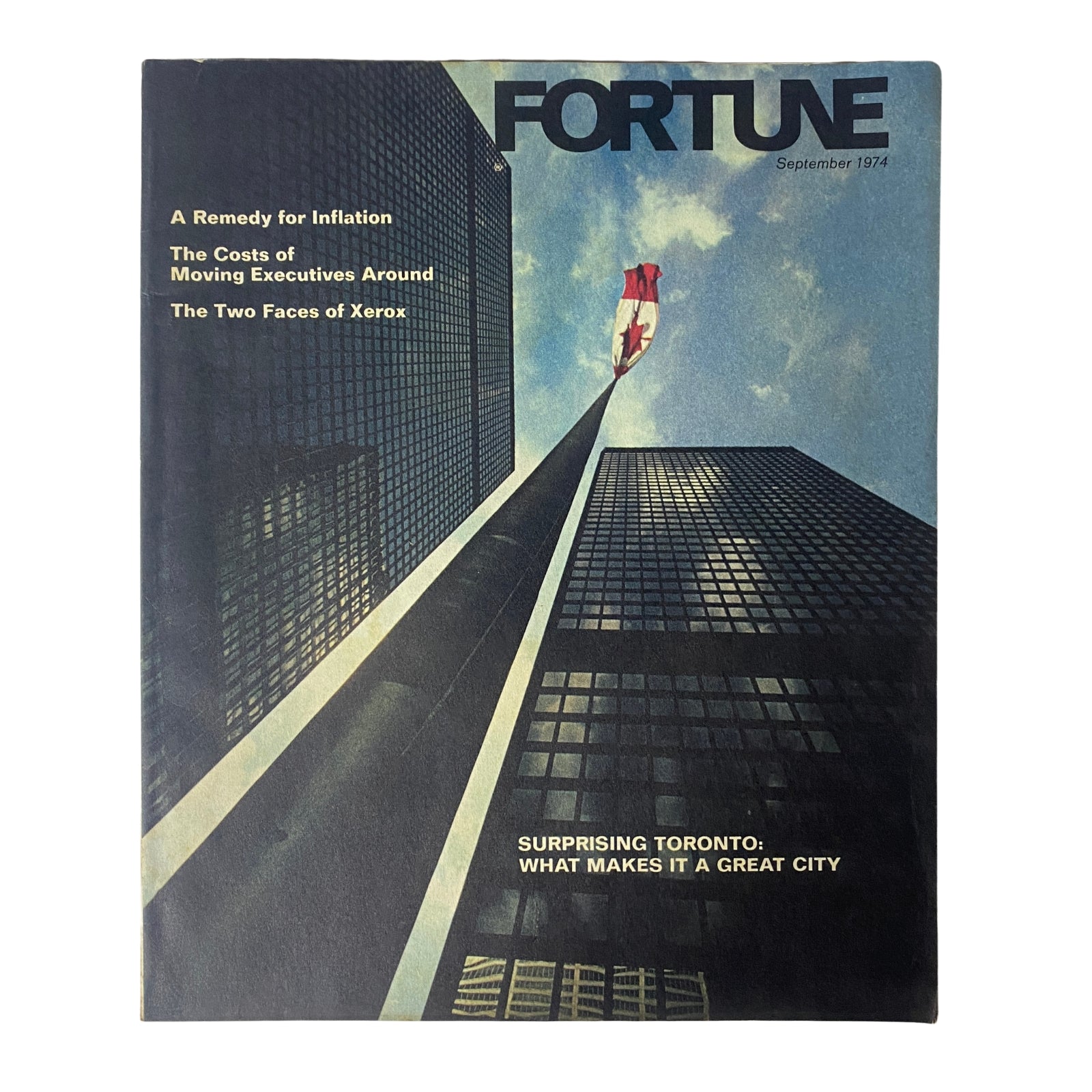 Cover of Fortune Magazine September 1974, featuring the headline 'Surprising Toronto: What Makes It a Great City', with a modern skyline and a Canadian flag.