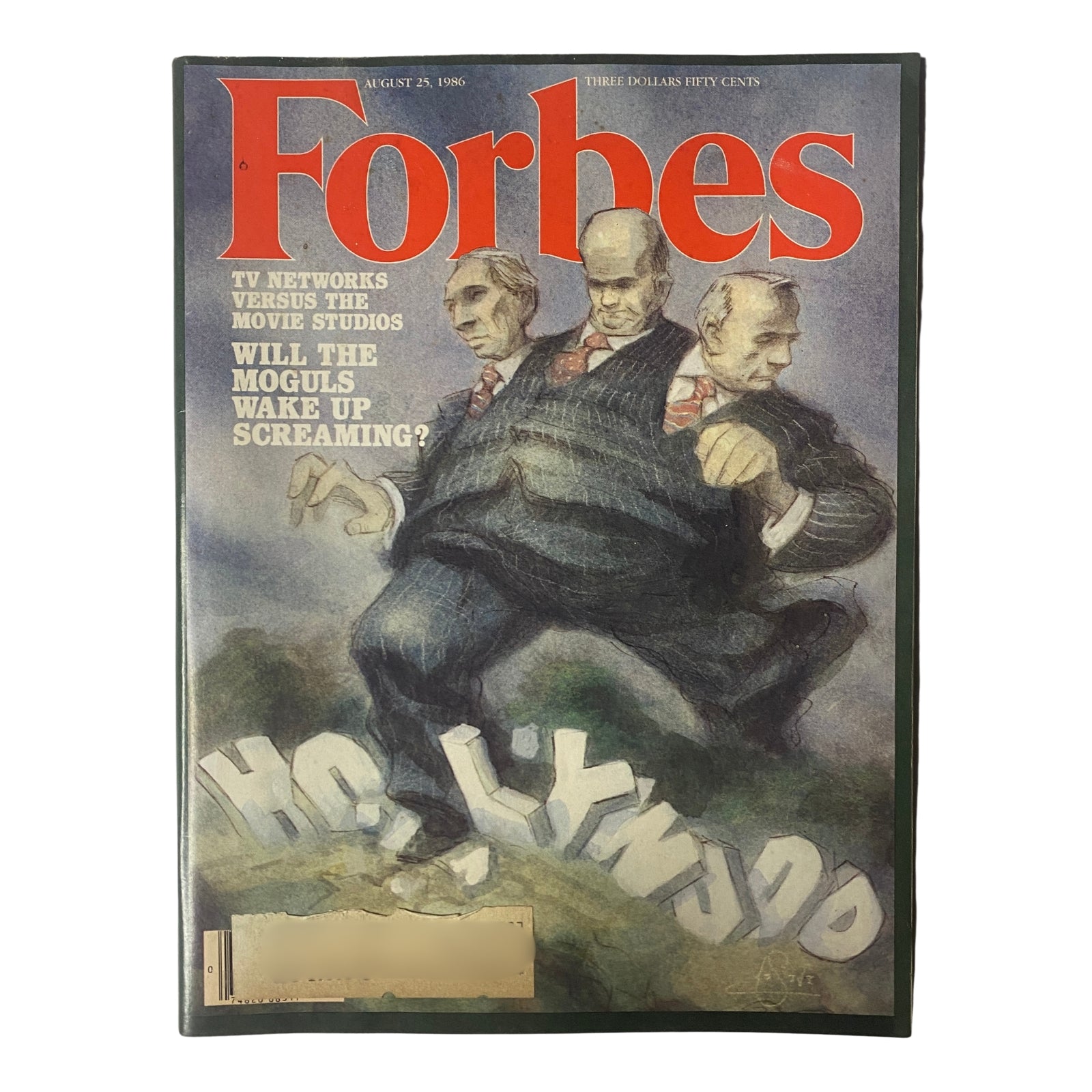 Forbes Magazine Cover August 25, 1986, featuring the title 'Will The Moguls Wake Up Screaming?' The cover illustrates the conflict between TV networks and movie studios with a colorful artistic representation.