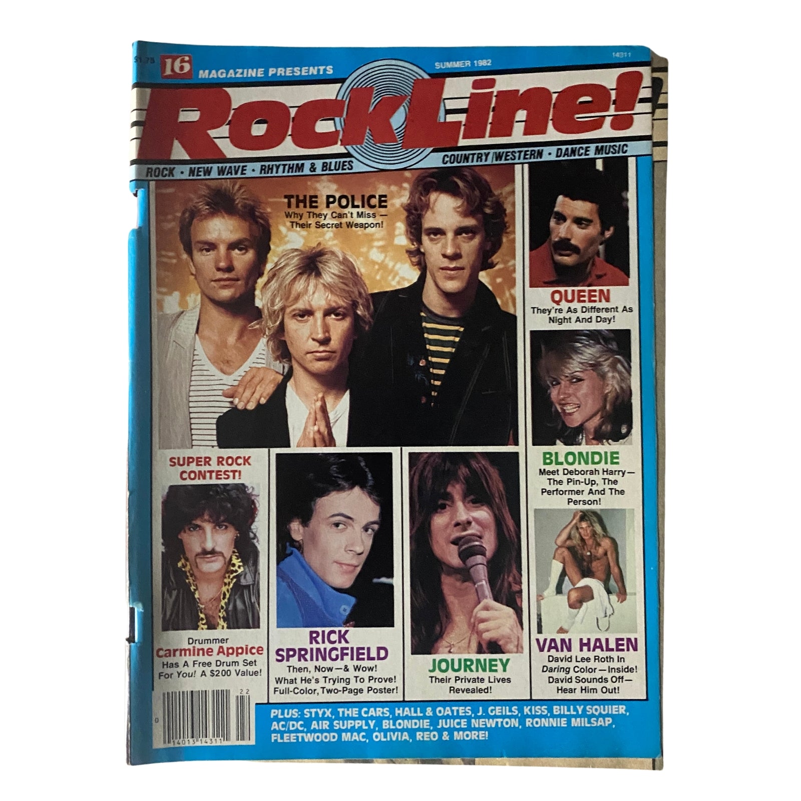 Cover of 16 Magazine Presents Rock Line Summer 1982 featuring The Police and Queen, showcasing iconic music stars from the 1980s.
