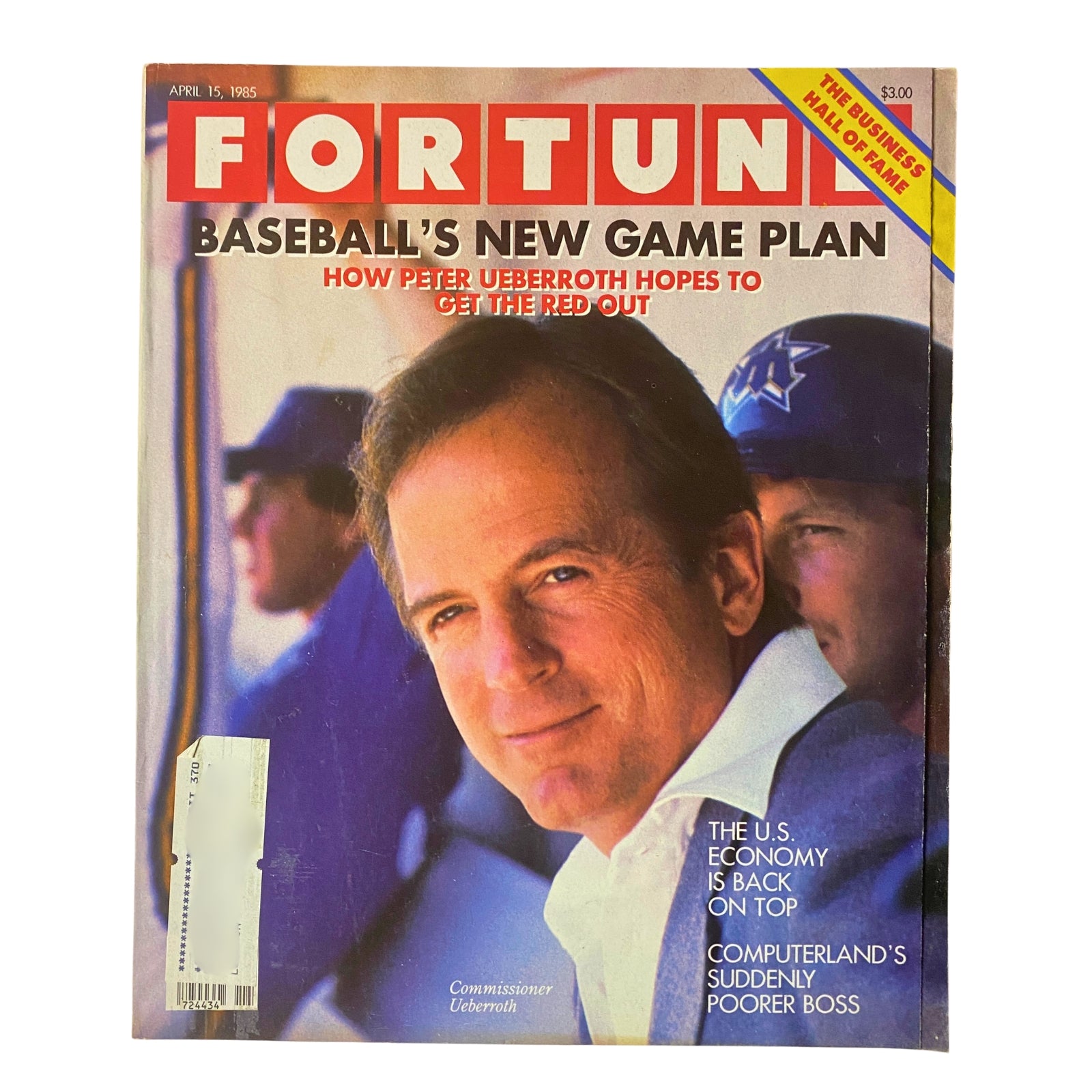 Fortune Magazine April 15, 1985 cover featuring a close-up of MLB Commissioner Peter Ueberroth discussing baseball's new game plan.