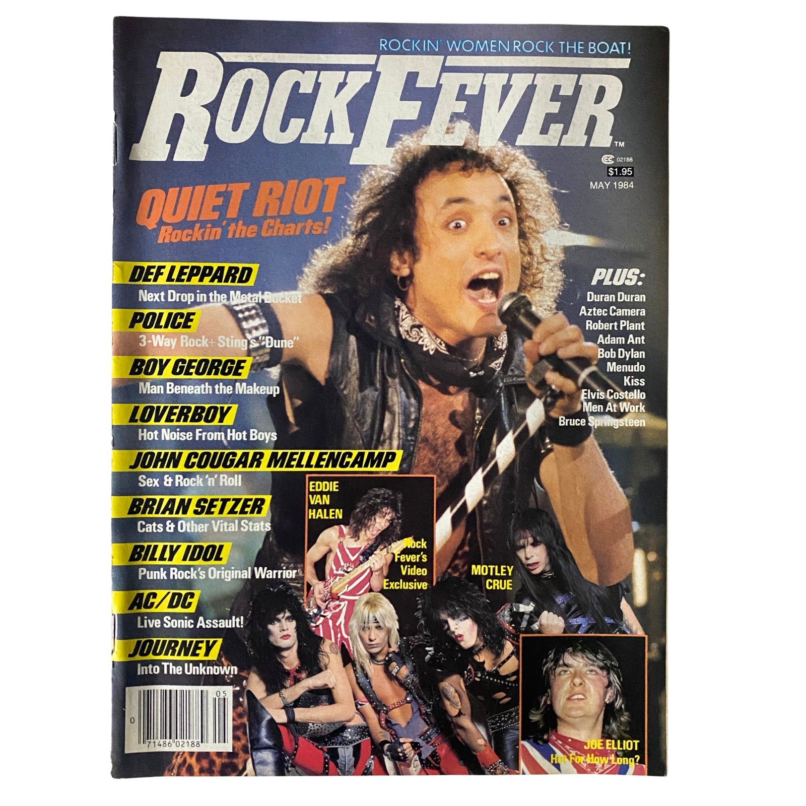Cover of Rock Fever Magazine May 1984 featuring artwork and headlines on Kevin DuBrow, Quiet Riot, and other iconic rock bands like Motley Crue and Def Leppard.