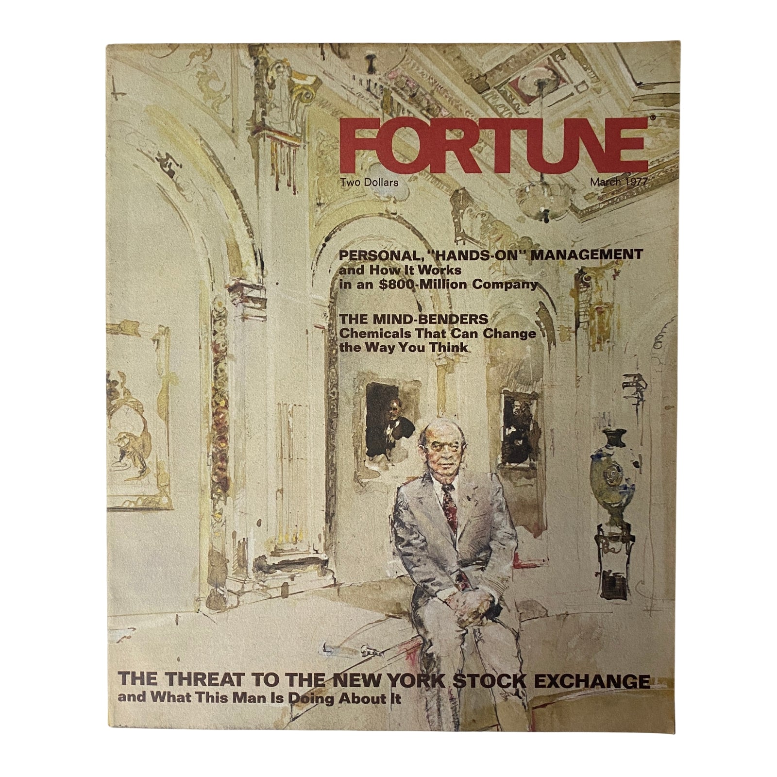 Fortune Magazine March 1977 cover featuring the title 'The Threat To New York Stock Exchange' alongside articles on management and innovative chemicals. The cover includes an artistic illustration of a man seated in an ornate gallery setting, symbolizing financial themes.