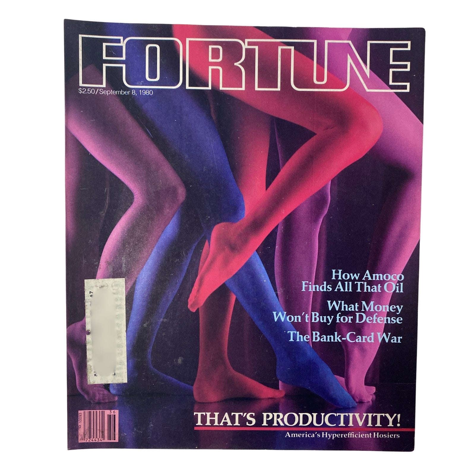 Fortune Magazine cover from September 8, 1980 by Enrico Ferorelli, featuring a vibrant display of legs in various colors, highlighting the theme of productivity in the American hosiery industry.