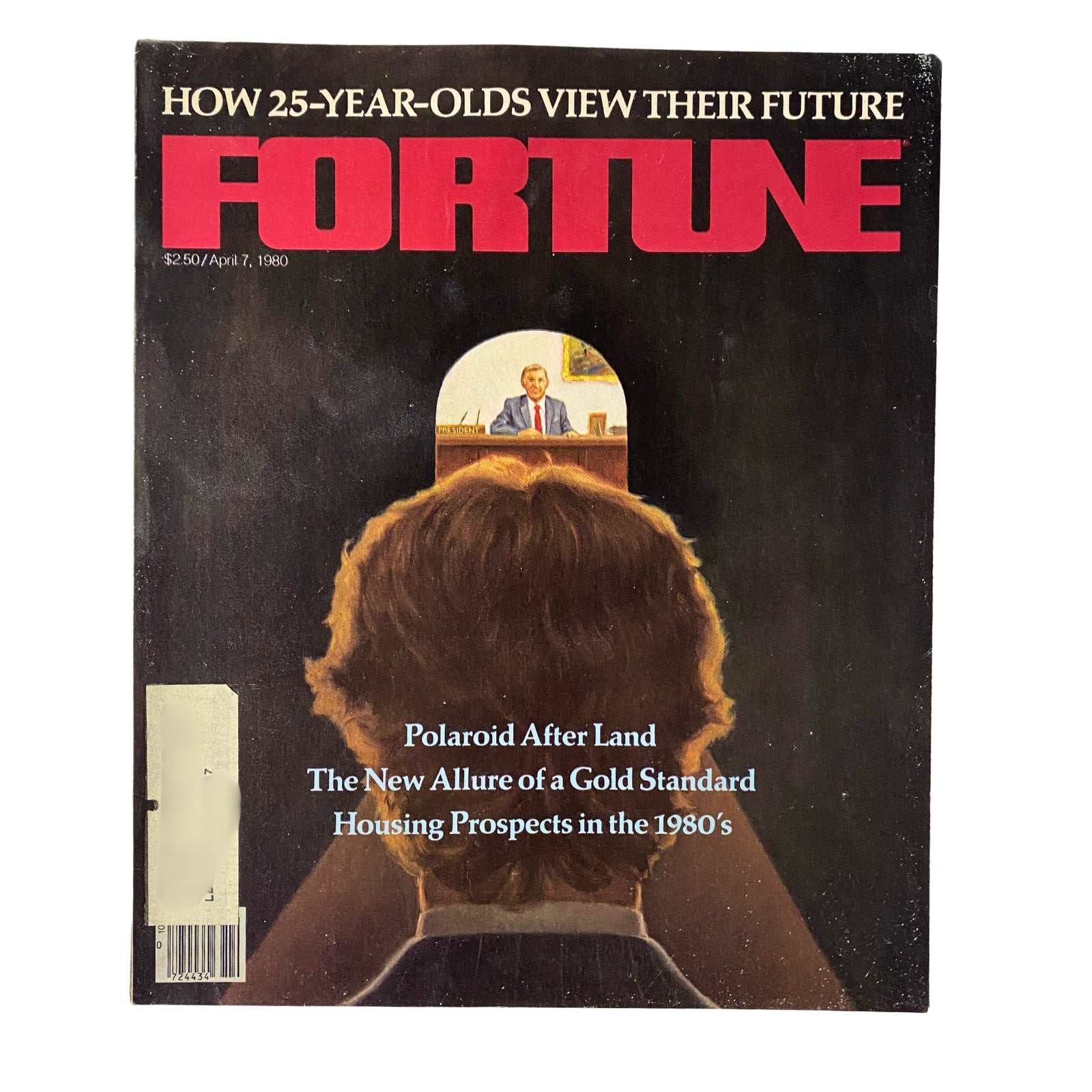 Cover of Fortune Magazine from April 7, 1980, titled 'How 25-Year-Olds View Their Future', features a depiction of a young professional and an older executive. The magazine explores the outlook of young individuals entering the workforce.