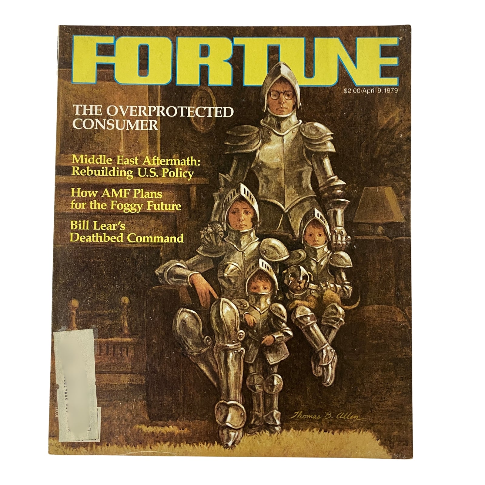 Cover of Fortune Magazine dated April 9, 1979, featuring the headline 'The Overprotected Consumer' with an illustration of a family in armor, showcasing themes of consumer protection and economic policies.