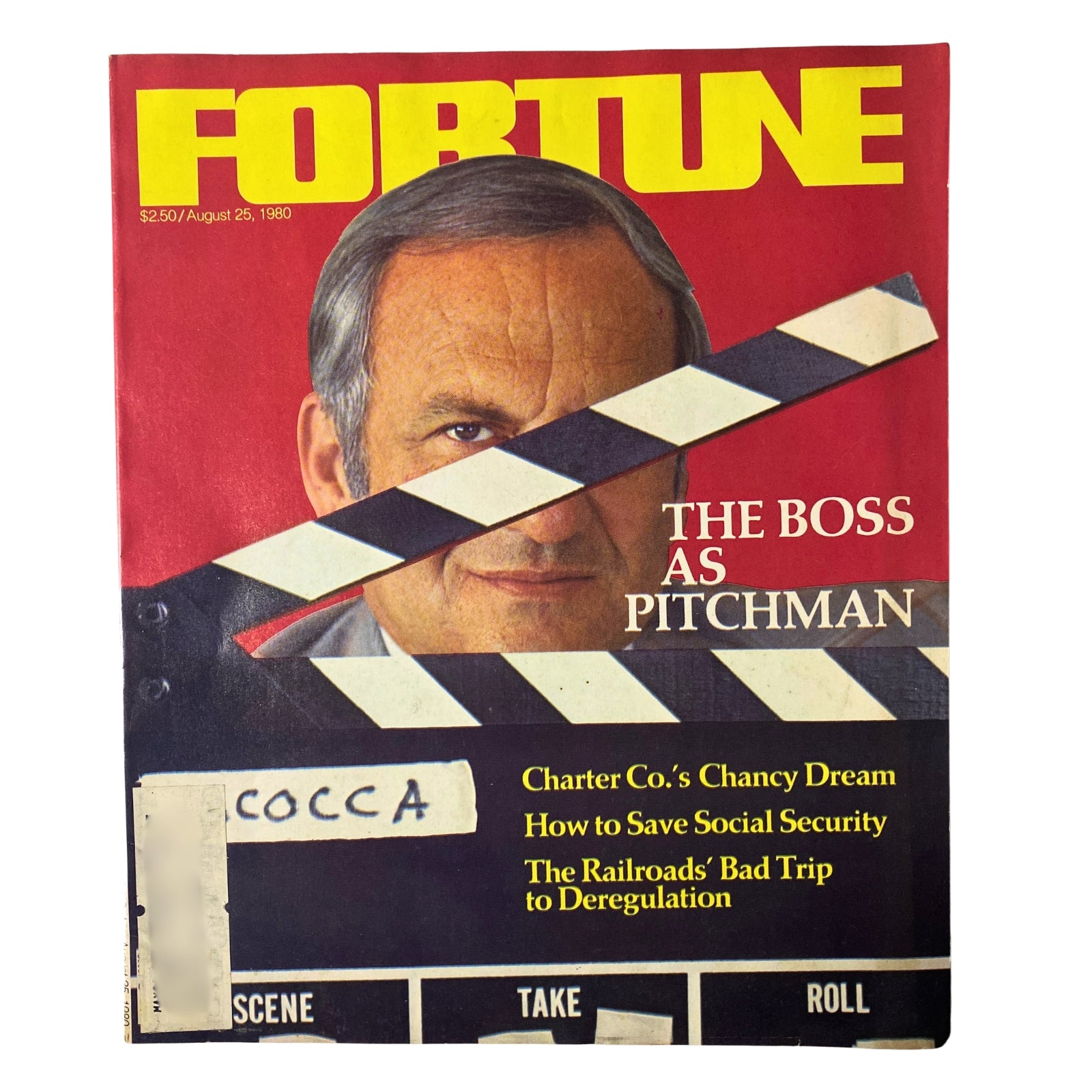 Cover of Fortune Magazine August 25, 1980 featuring the title 'The Boss as Pitchman', showcasing a CEO with a movie clapboard, emphasizing corporate branding in advertising.