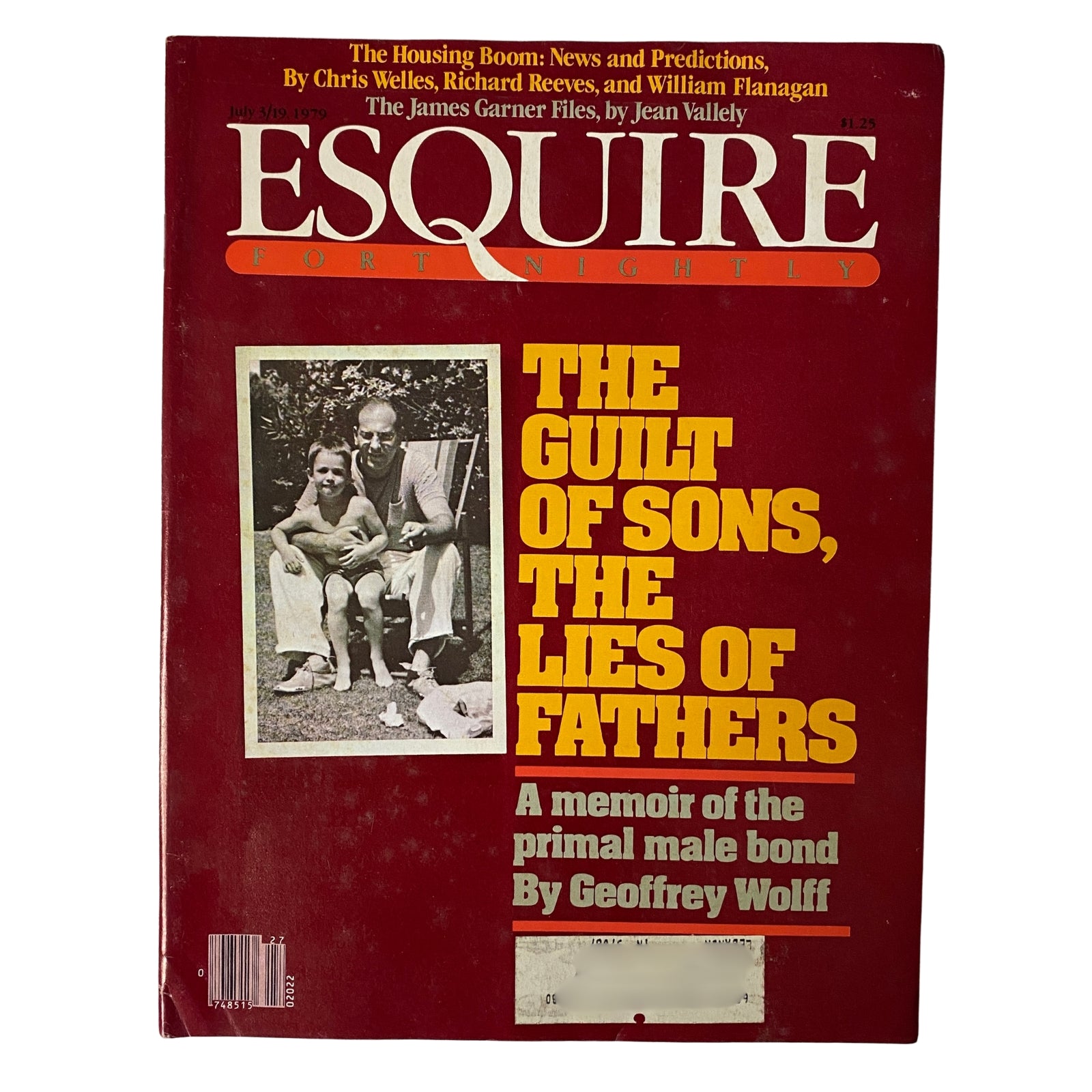 Esquire Magazine July 3-19, 1979 cover featuring author Geoffrey Wolff and his father, highlighting the memoir 'The Guilt of Sons, The Lies of Fathers'.