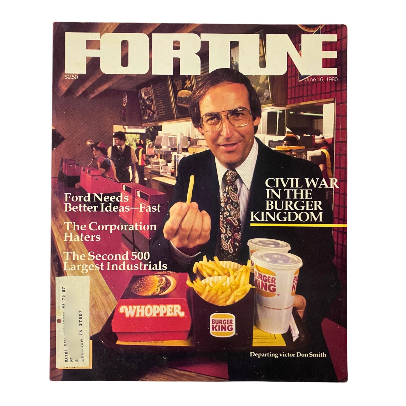 Fortune Magazine June 16, 1980 issue featuring the cover story 'Departing Victor Don Smith' with a businessman in a Burger King restaurant holding a french fry and surrounded by fast food items. The magazine highlights corporate insights from the late 1970s.