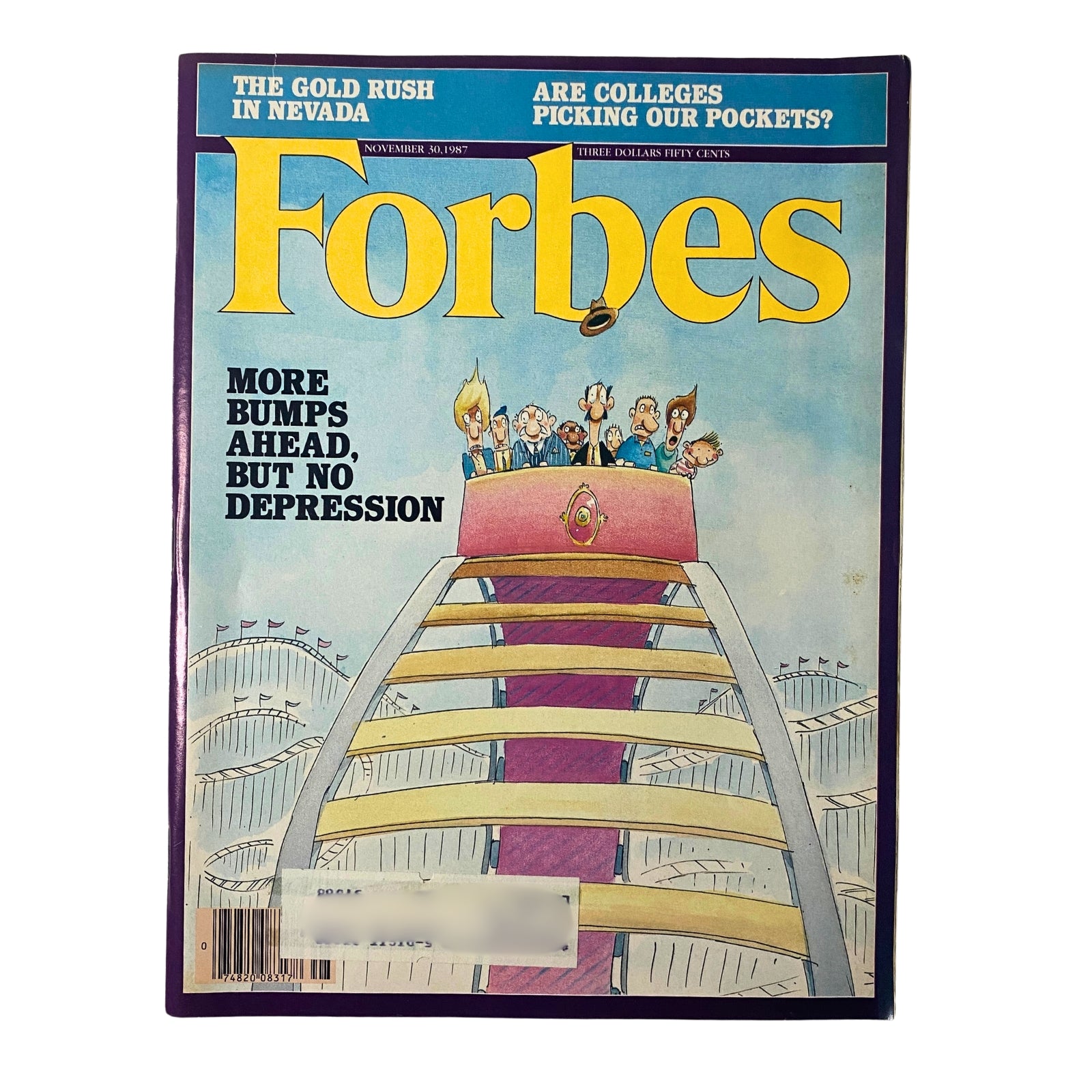 Forbes Magazine cover dated November 30, 1987, featuring the title 'More Bumps Ahead, But No Depression.' The image showcases a whimsical illustration of a roller coaster with cartoon figures emphasizing optimism in the market post-crash. The issue discusses the aftermath of the market crash and includes the cover story 'Why The Market Crash Won't Cause A Recession.'