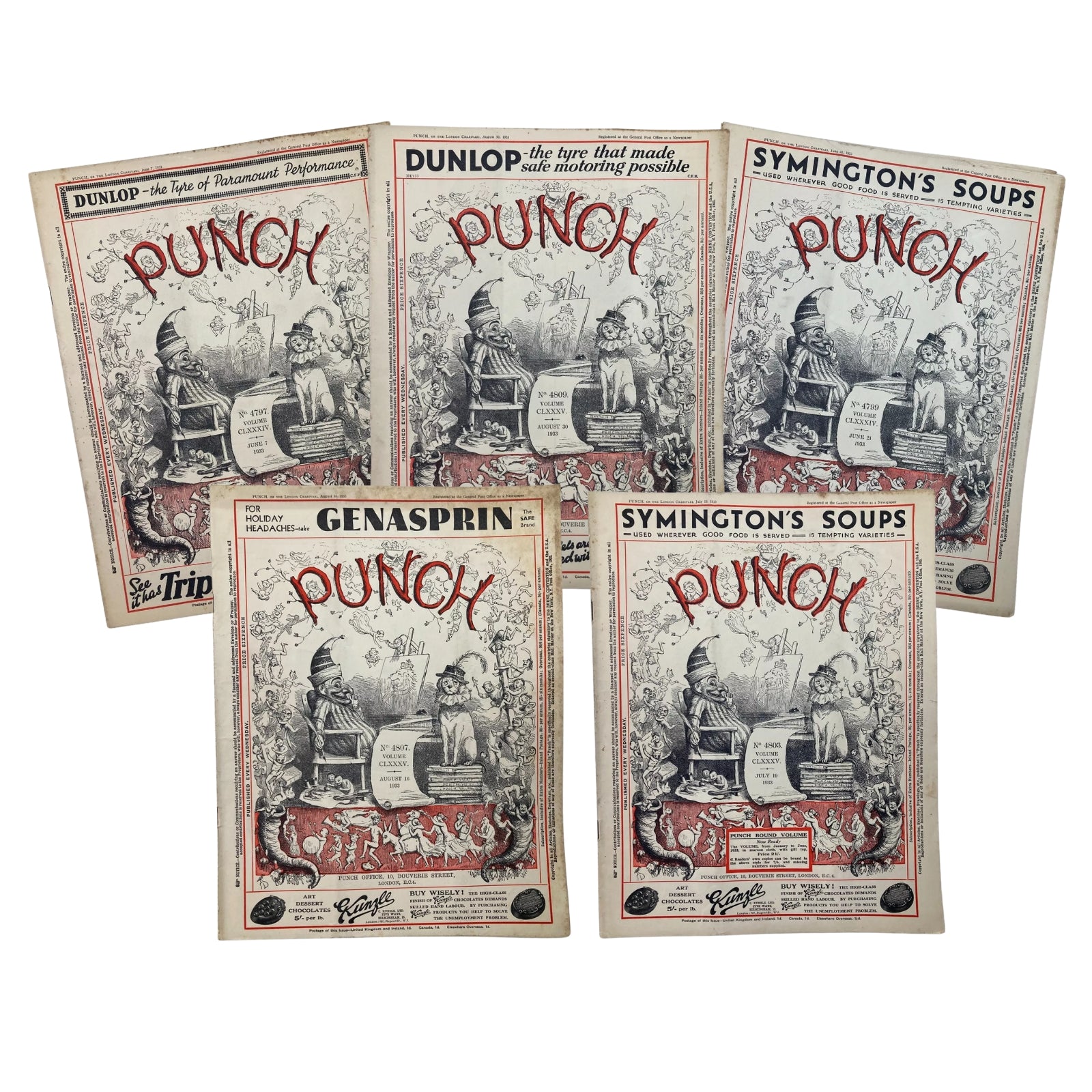 Lot of 5 Punch Magazines – June, July, August 1933 – Pre-WWII Cartoons & Satire