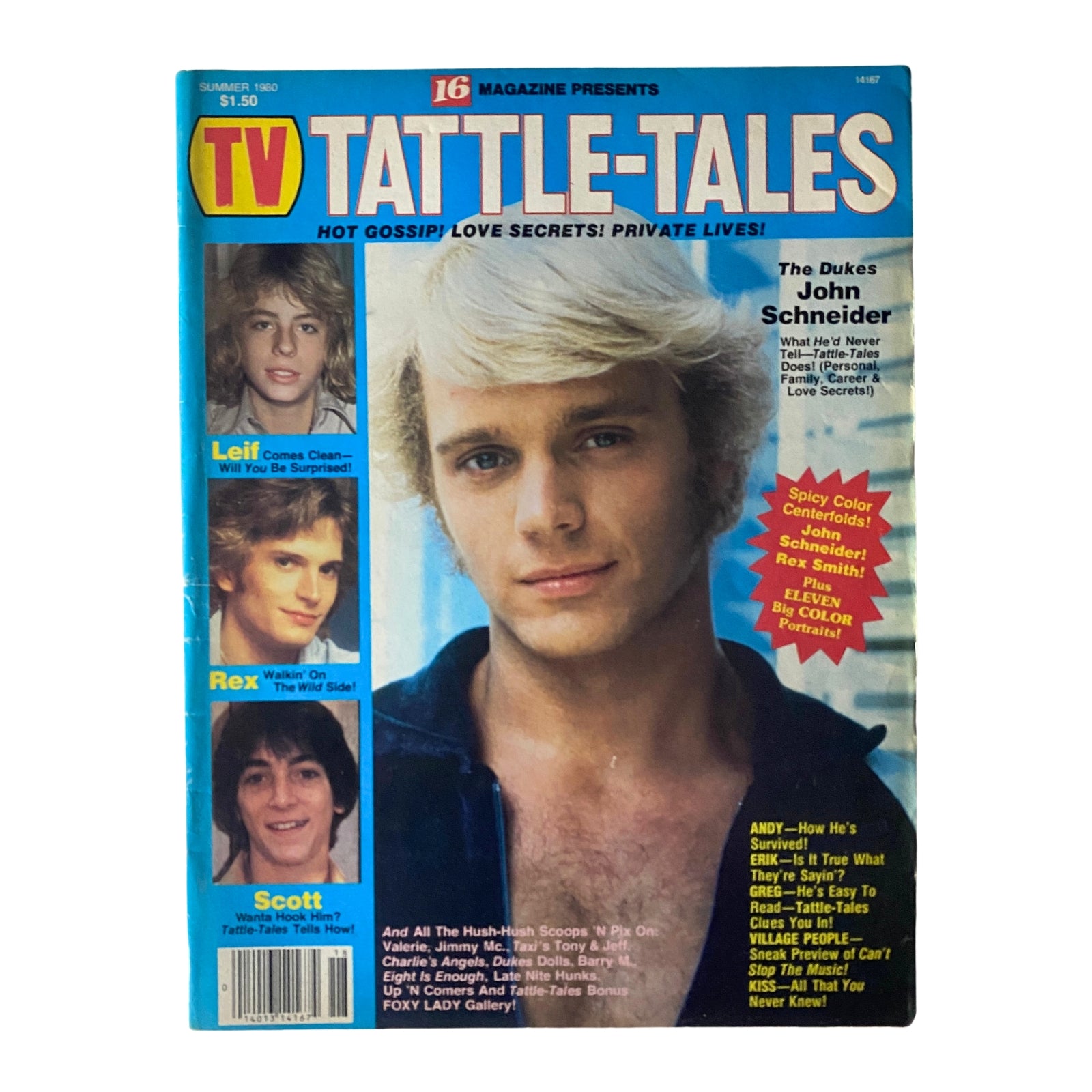 Cover of the magazine '16 Magazine TV Tattle-Tales Summer 1980', featuring John Schneider from The Dukes of Hazzard along with images of Leif Garrett, Rex Smith, and Scott Baio, highlighting celebrity gossip and pop culture from the 1980s.