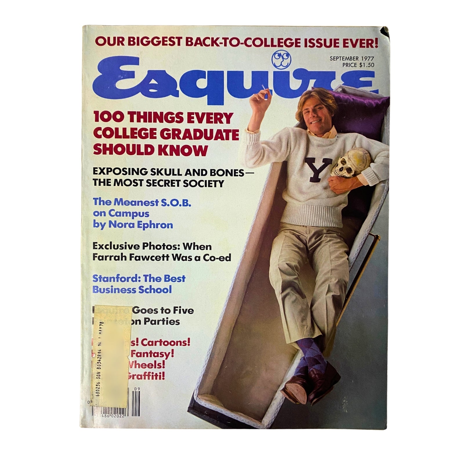 Cover of Esquire Magazine September 1977 featuring a college man in a sweater with a skull, highlighting the theme 'Want to Know What College Men Are Like Today?' from the biggest back-to-college issue.