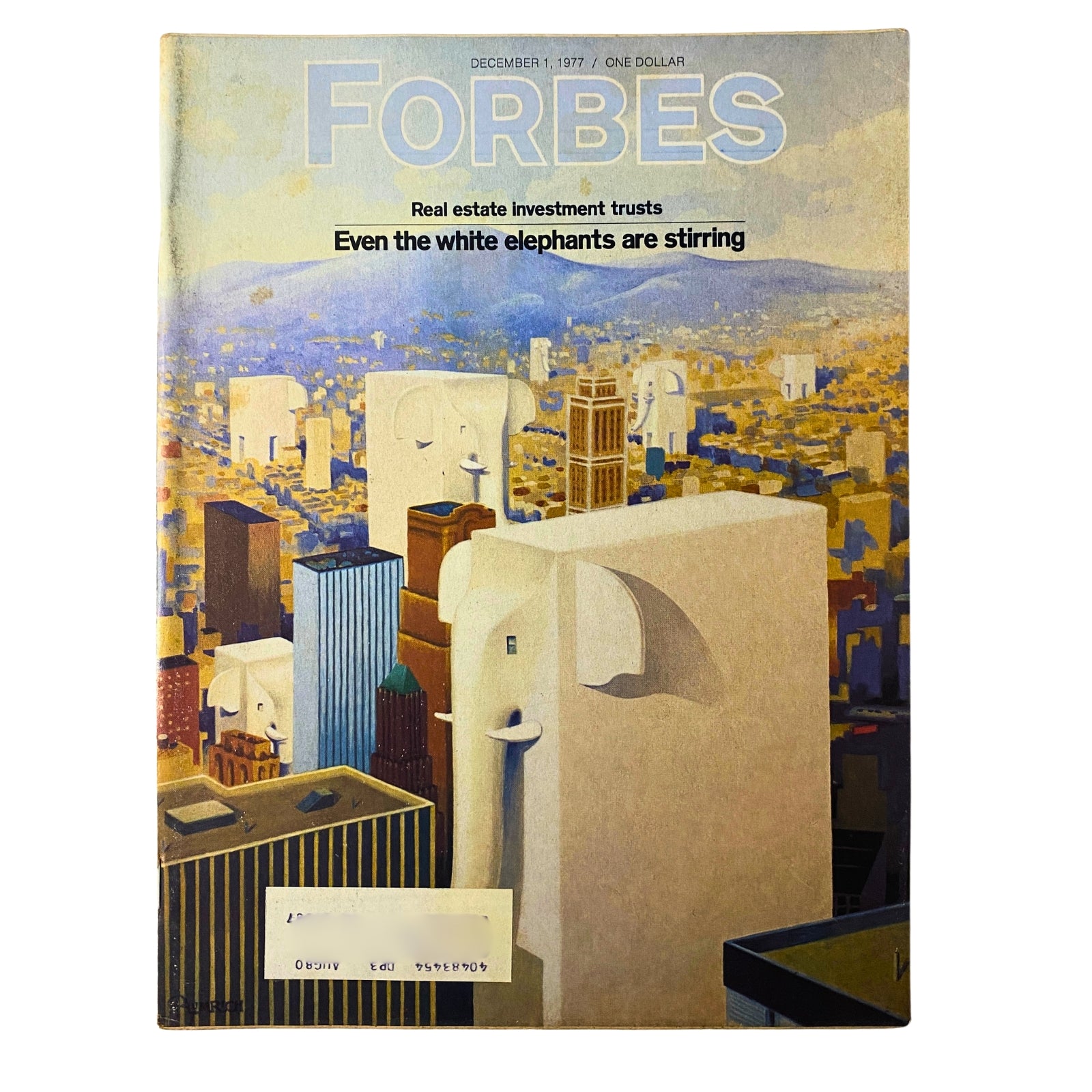 Cover of Forbes Magazine from December 1, 1977, featuring the title 'Real Estate: The REITs Get Better' and a stylized depiction of a city with buildings resembling elephants.