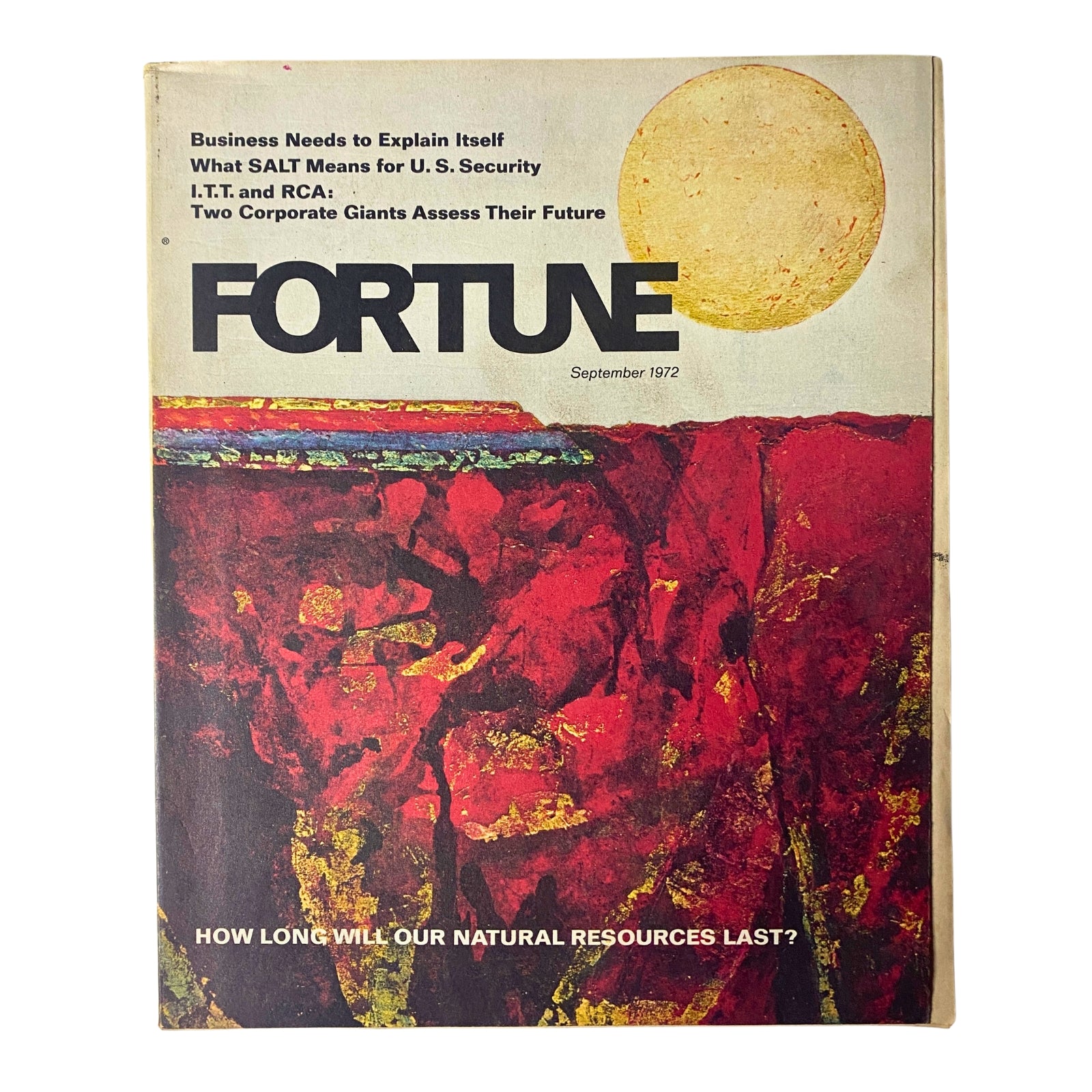 Cover of Fortune Magazine September 1972 featuring a vibrant artwork with the title 'FORTUNE' prominently displayed. It addresses themes of natural resource management with the question 'HOW LONG WILL OUR NATURAL RESOURCES LAST?'.