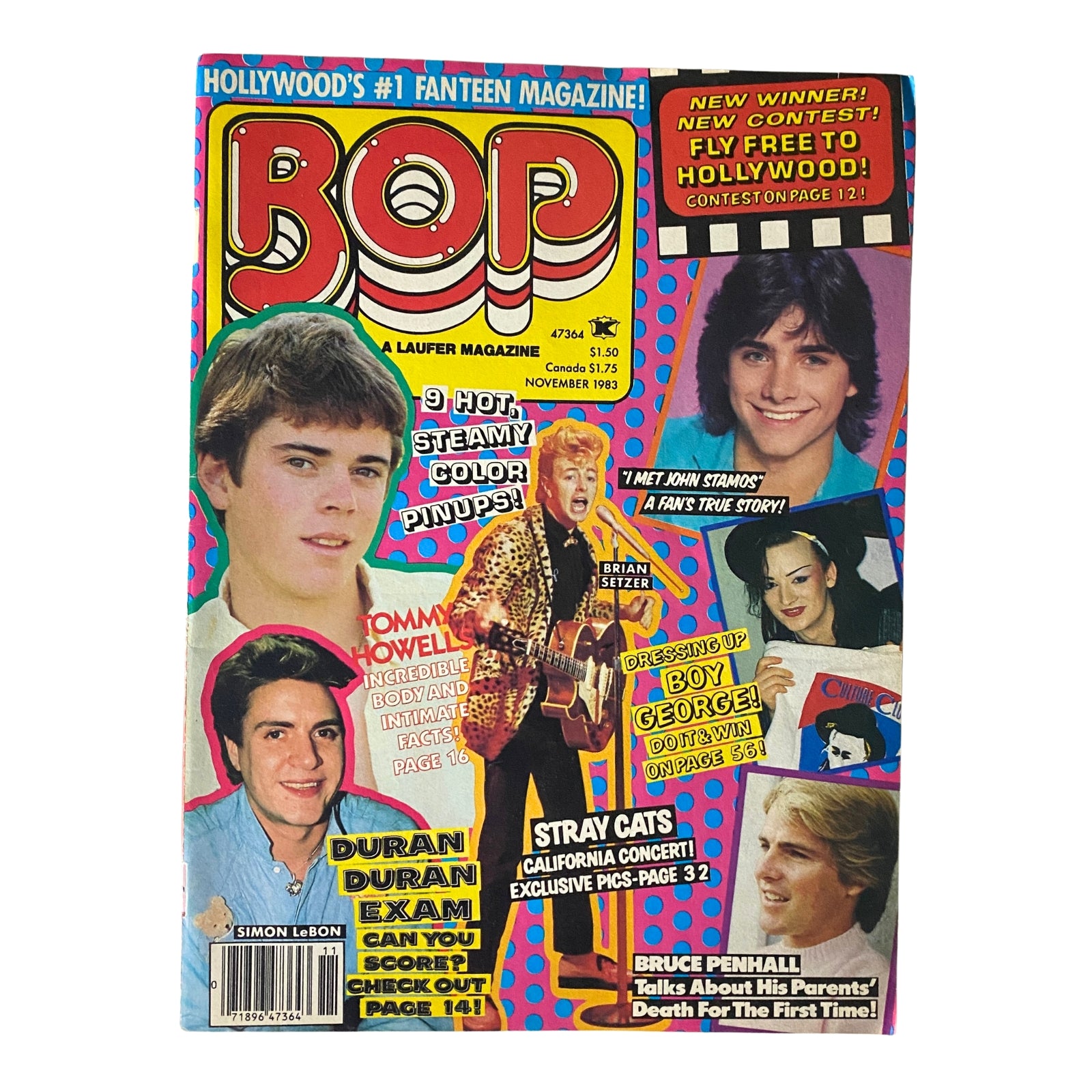 Cover of BOP Magazine November 1983 featuring Tommy Howell and John Stamos with colorful designs and pinup announcements.