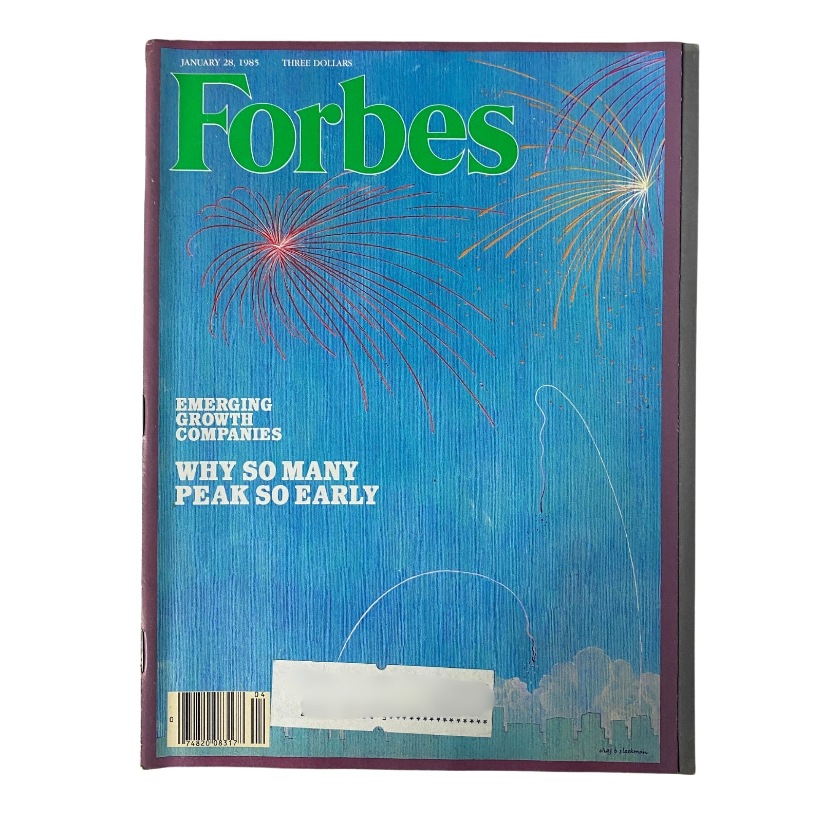 Cover of Forbes Magazine January 28, 1985 featuring the title "Emerging Growth Companies" and the headline "Why So Many Peak So Early" with vibrant fireworks illustration.