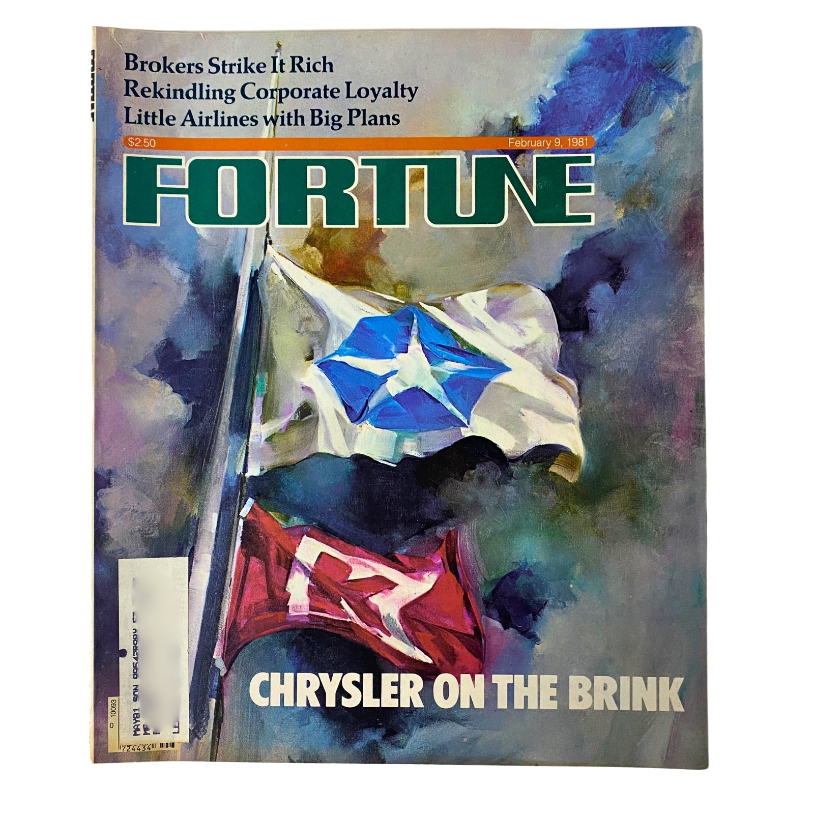 Cover of Fortune Magazine, February 9, 1981, featuring the article 'Chrysler on The Brink' with a vibrant artwork of flags symbolizing corporate resilience.