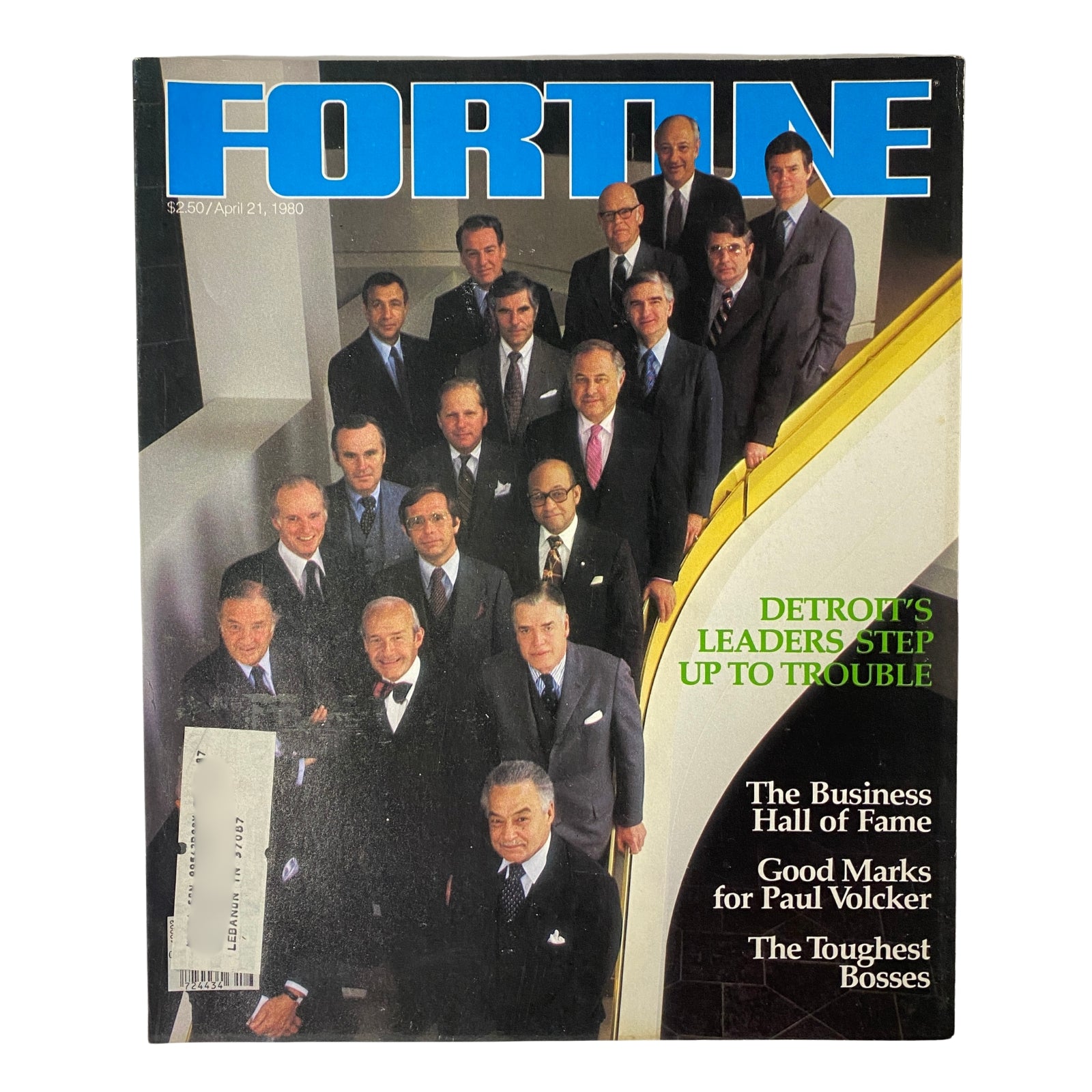Fortune Magazine cover from April 21, 1980, featuring the title 'Detroit's Leaders Step Up To Trouble', showcasing a group of prominent business leaders in formal attire.