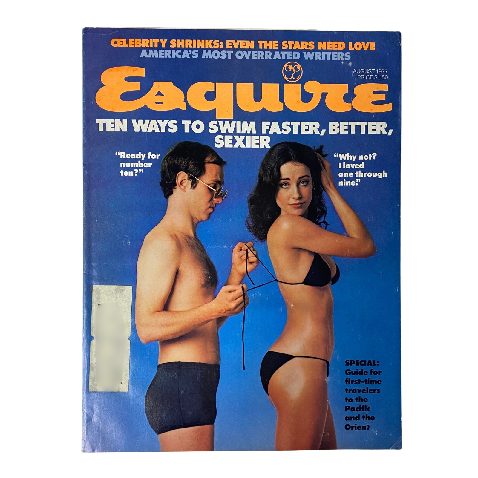 Cover of Esquire Magazine August 1977 featuring the article 'America's Most Overrated Writers'. The cover showcases two models in swimwear, with playful text discussing swimming and celebrity topics.