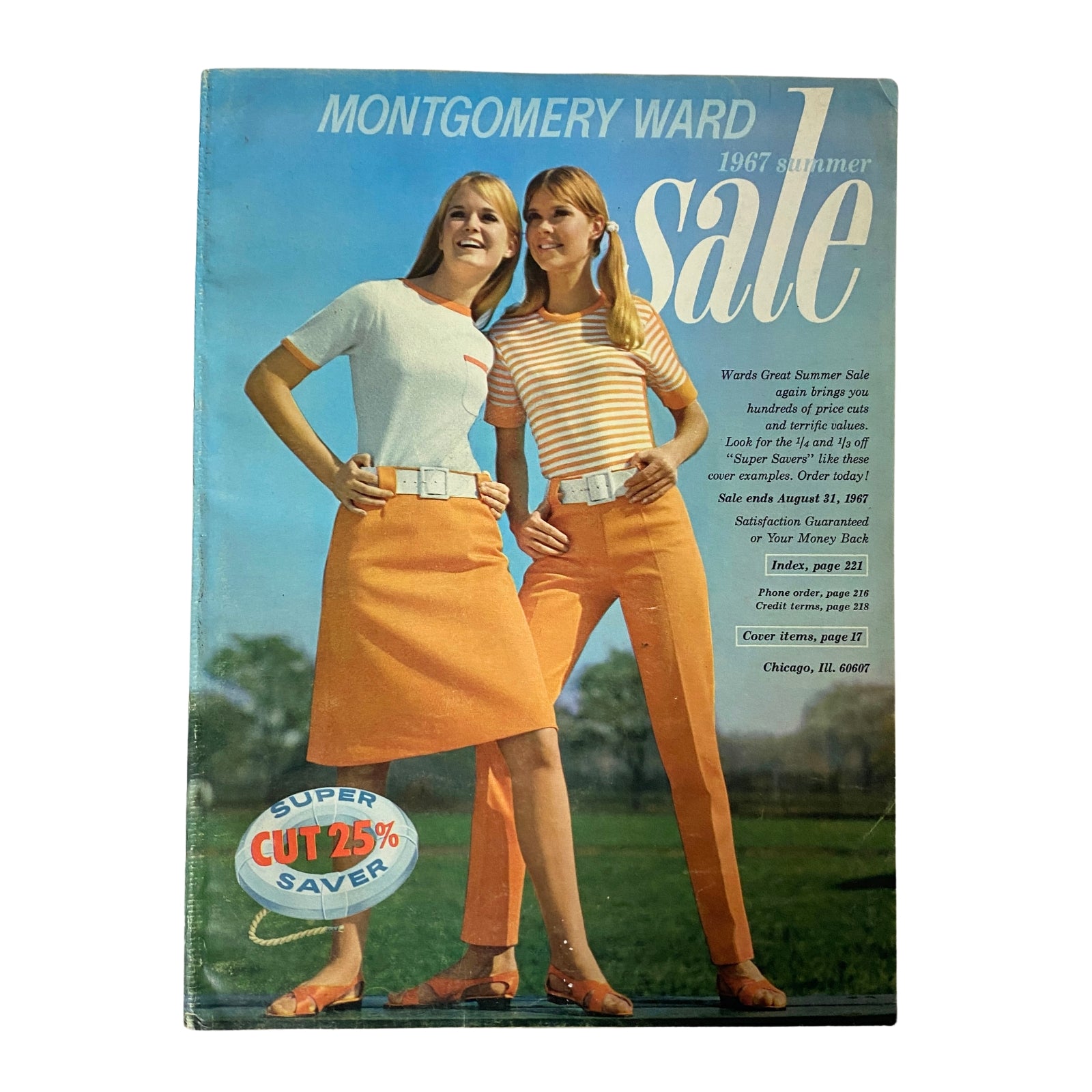 1967 Montgomery Ward Summer Sale Catalog featuring two fashion models in stylish summer outfits, showcasing vibrant colors and designs typical of the 1960s era. The catalog emphasizes a summer sale with a promotional notice for savings.