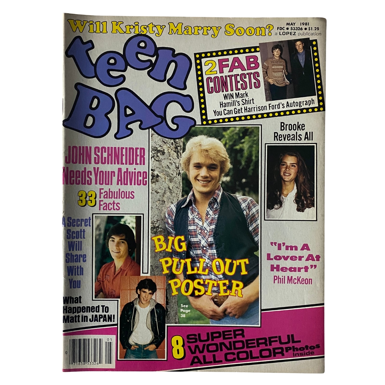 Cover of Teen Bag Magazine, May 1981, featuring John Schneider, Brooke Shields, and a pull-out poster. Highlights include celebrity interviews and contests. Collectible issue for fans of 1980s entertainment.