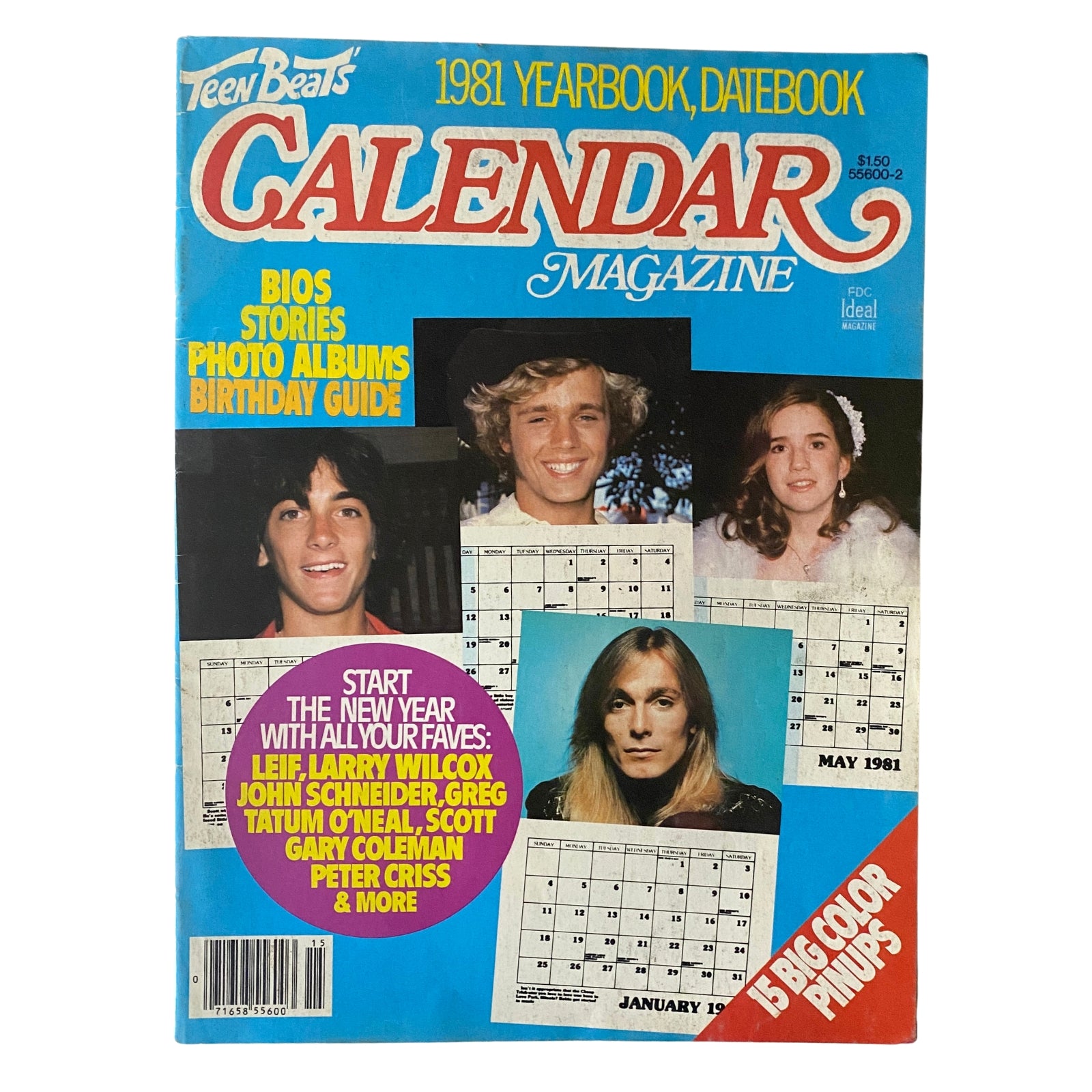Teen Beat's Calendar Magazine 1981 showcasing vintage pop culture with featured stars such as John Schneider and Leif Garrett on the cover, includes photo albums and pinups.