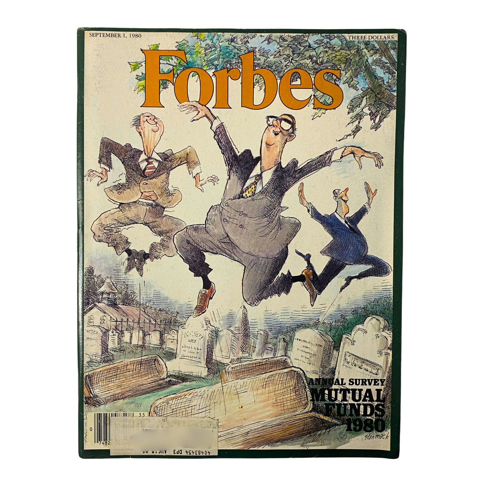 Cover of Forbes Magazine, September 1, 1980, featuring the Annual Survey of Mutual Funds 1980, showcasing two caricatured businessmen celebrating.