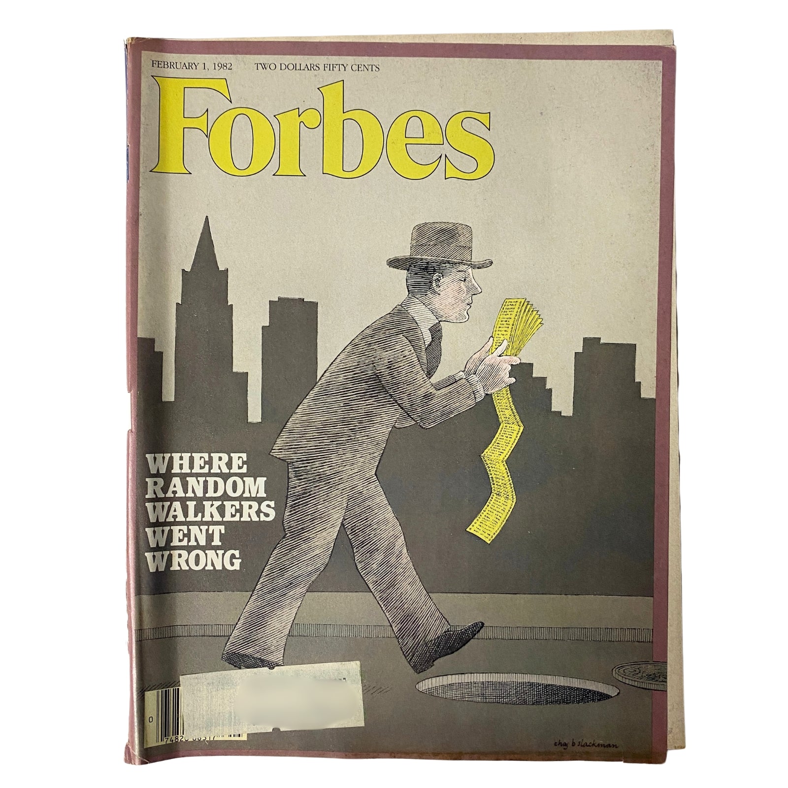 Forbes Magazine cover, February 1, 1982, titled 'Where Random Walkers Went Wrong', featuring an illustration of a businessman holding stock data amidst a city skyline.