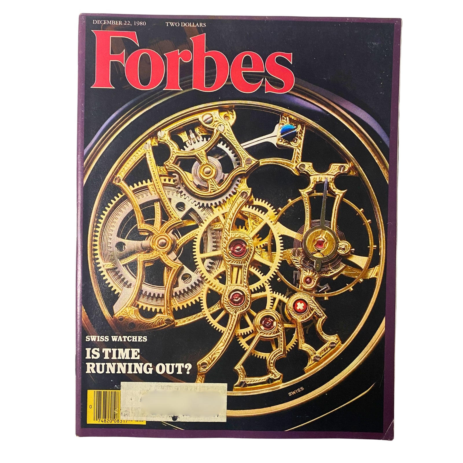 Cover of Forbes Magazine December 29, 1980 featuring Swiss watch gears, titled 'Swiss Watches: Is Time Running Out?' showcasing the intricate craftsmanship of timepieces.