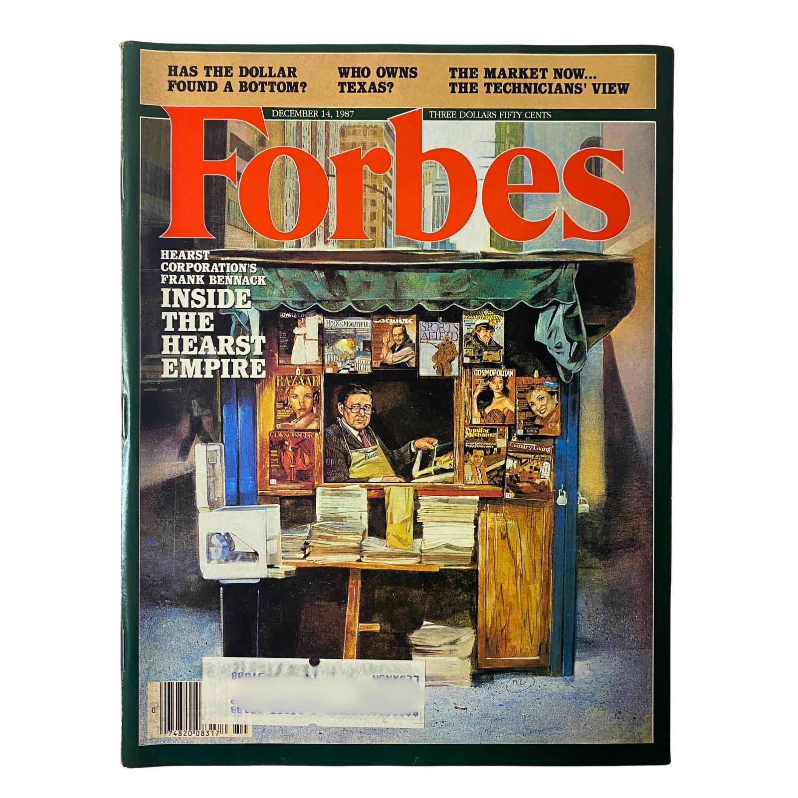 Cover of Forbes Magazine dated December 14, 1987 featuring an illustration related to Hearst Corporation and Frank Bennack, showcasing a newspaper stand with various magazines.